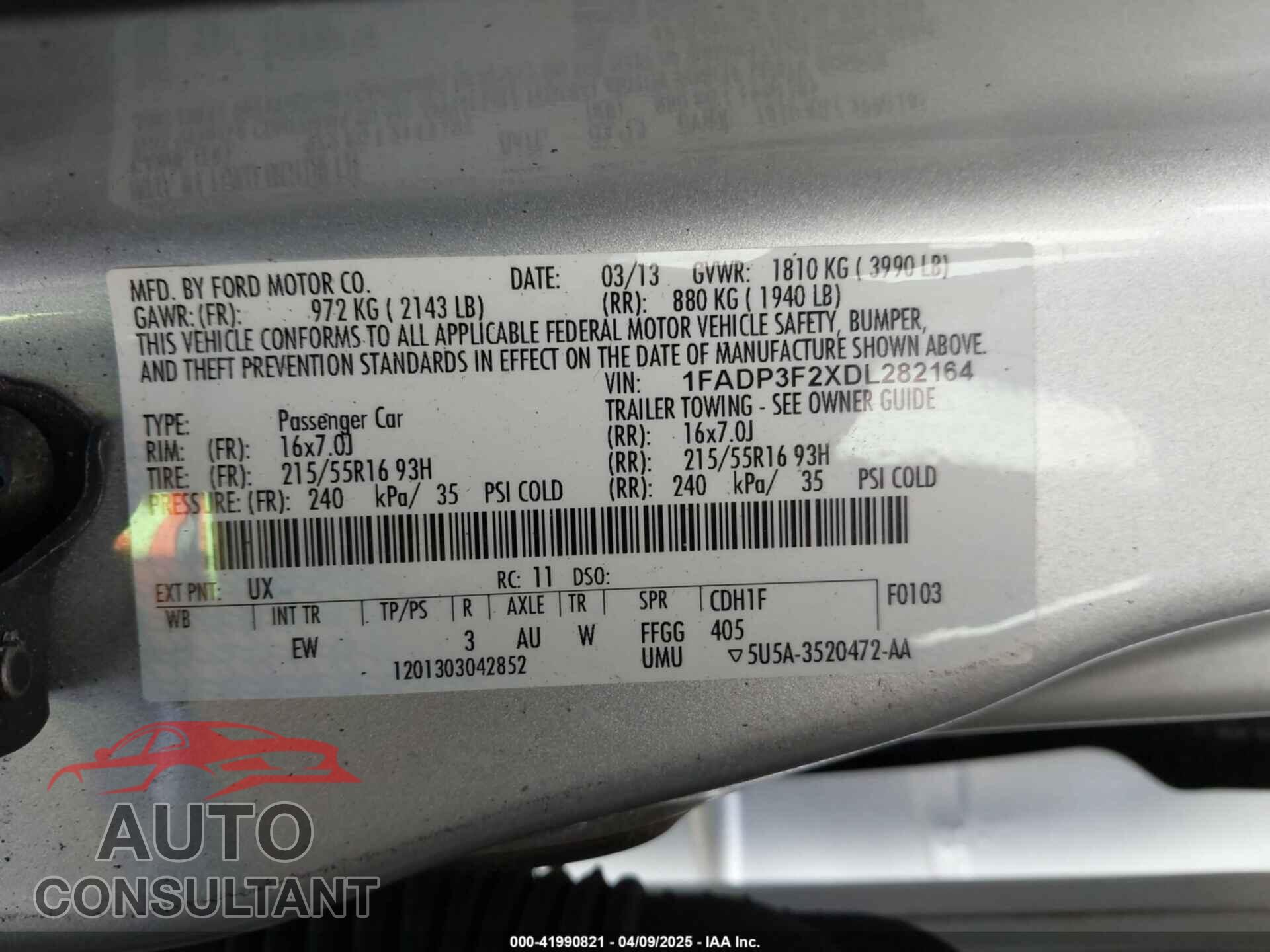 FORD FOCUS 2013 - 1FADP3F2XDL282164