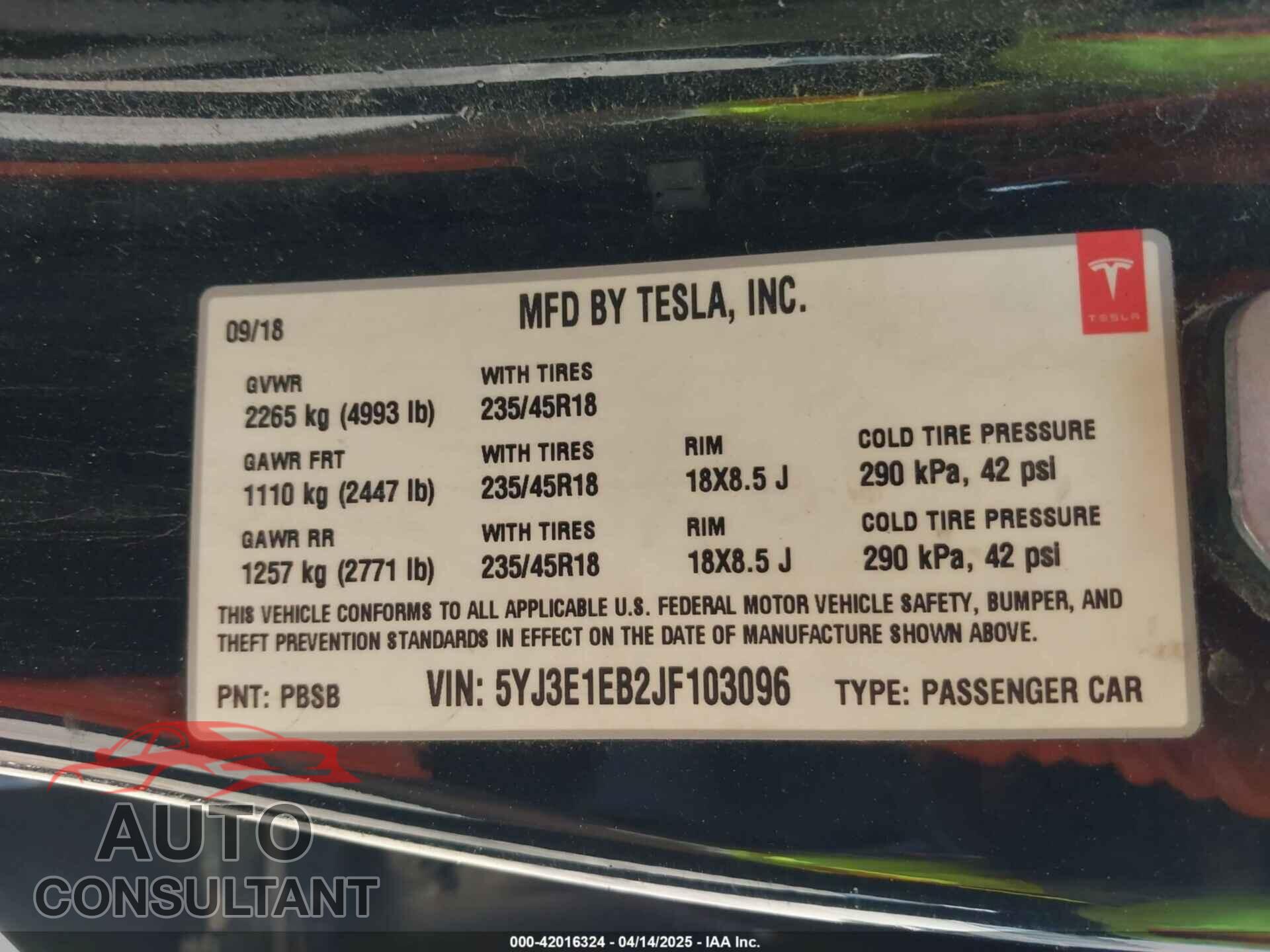 TESLA MODEL 3 2018 - 5YJ3E1EB2JF103096