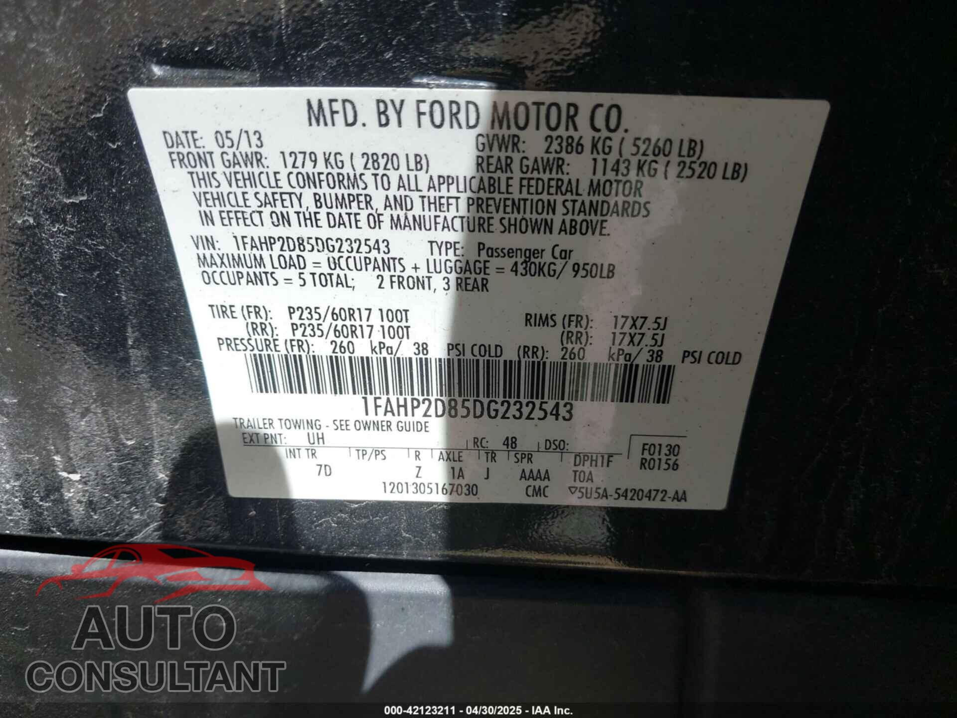 FORD TAURUS 2013 - 1FAHP2D85DG232543