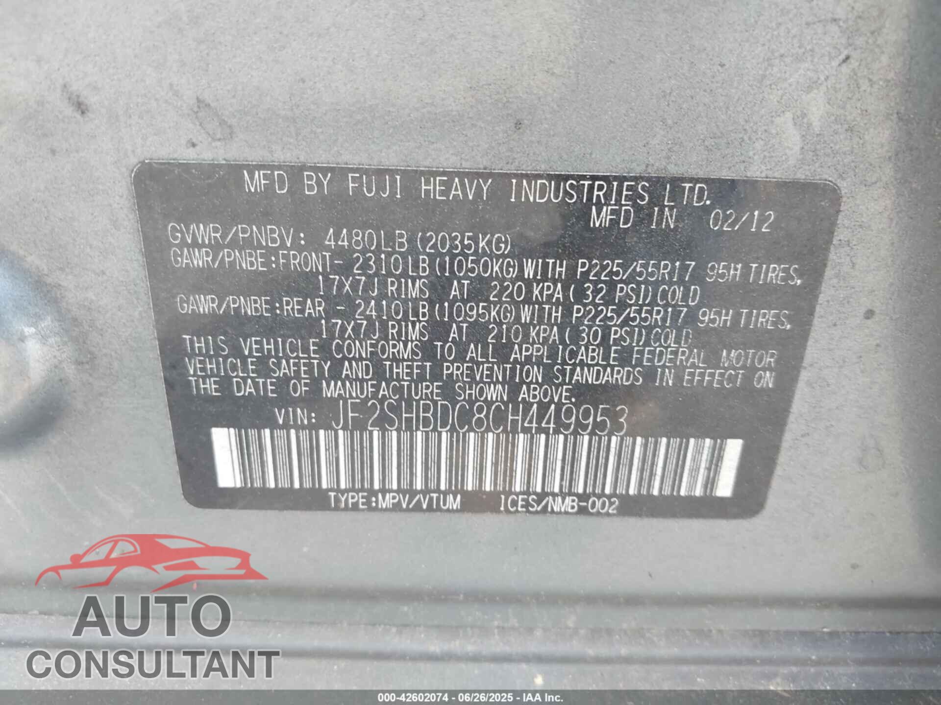 SUBARU FORESTER 2012 - JF2SHBDC8CH449953