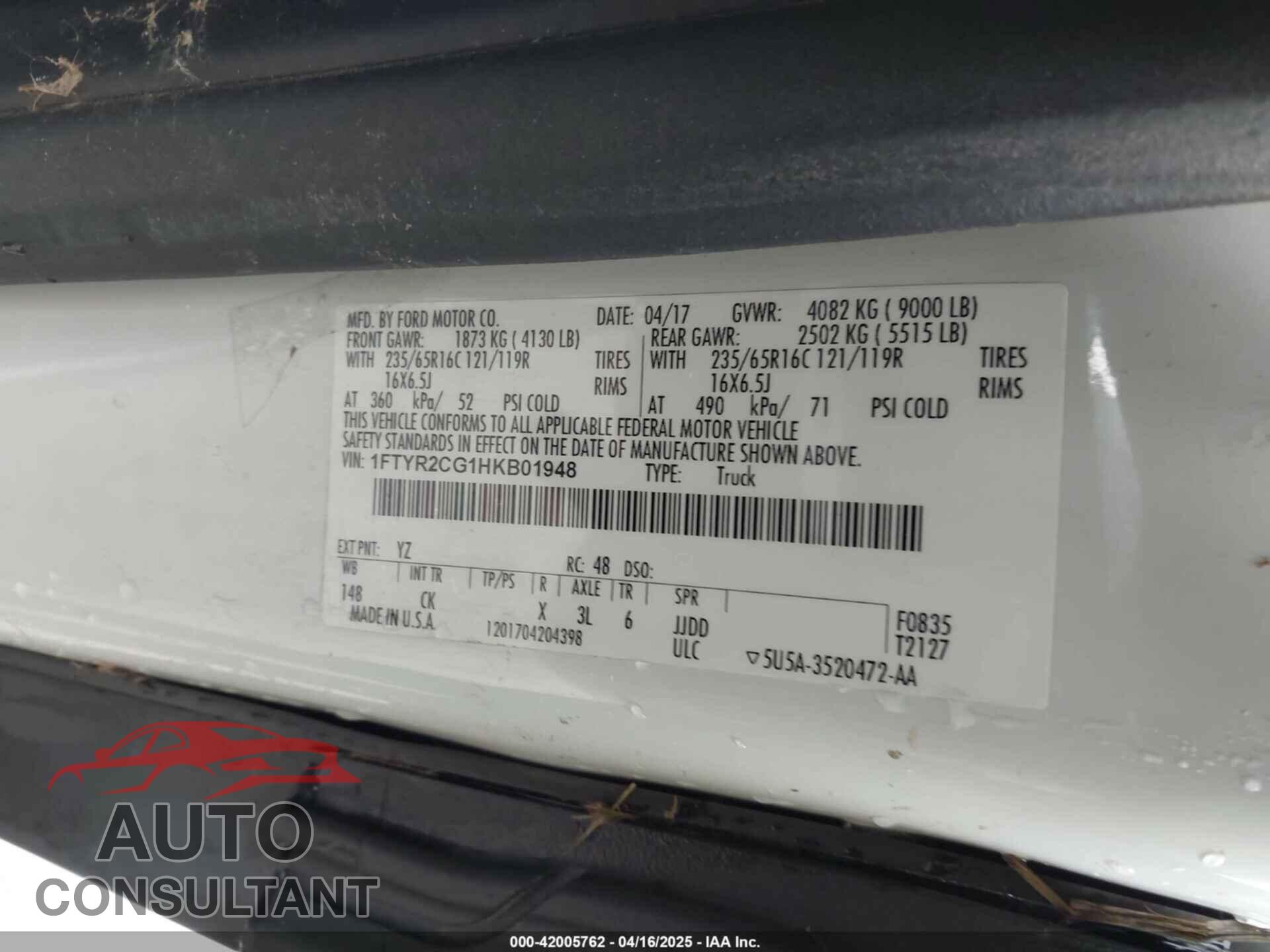 FORD TRANSIT-250 2017 - 1FTYR2CG1HKB01948