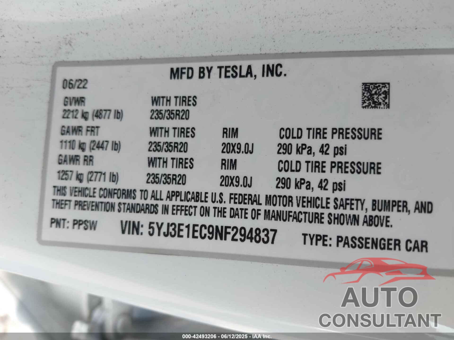 TESLA MODEL 3 2022 - 5YJ3E1EC9NF294837