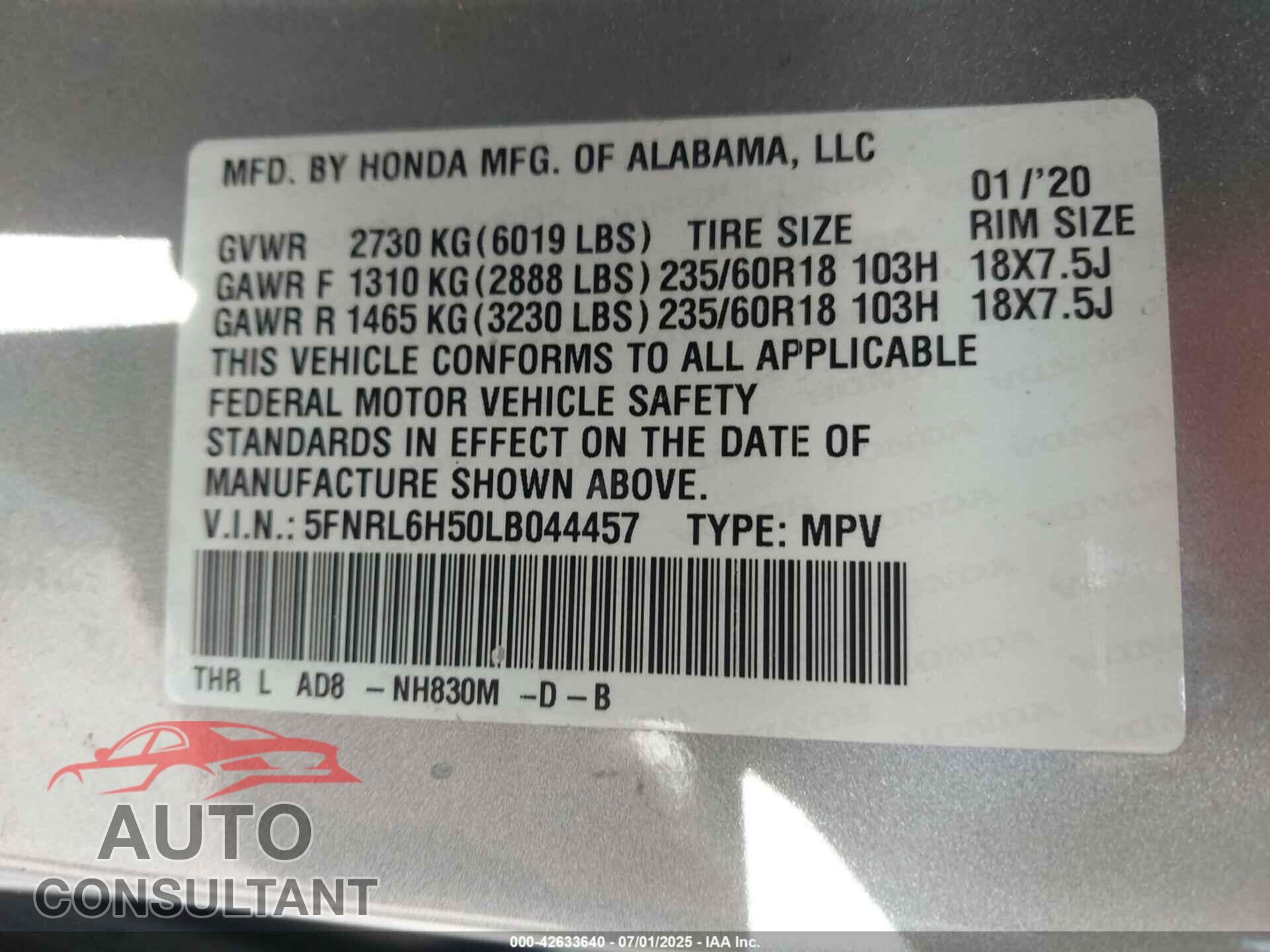 HONDA ODYSSEY 2020 - 5FNRL6H50LB044457