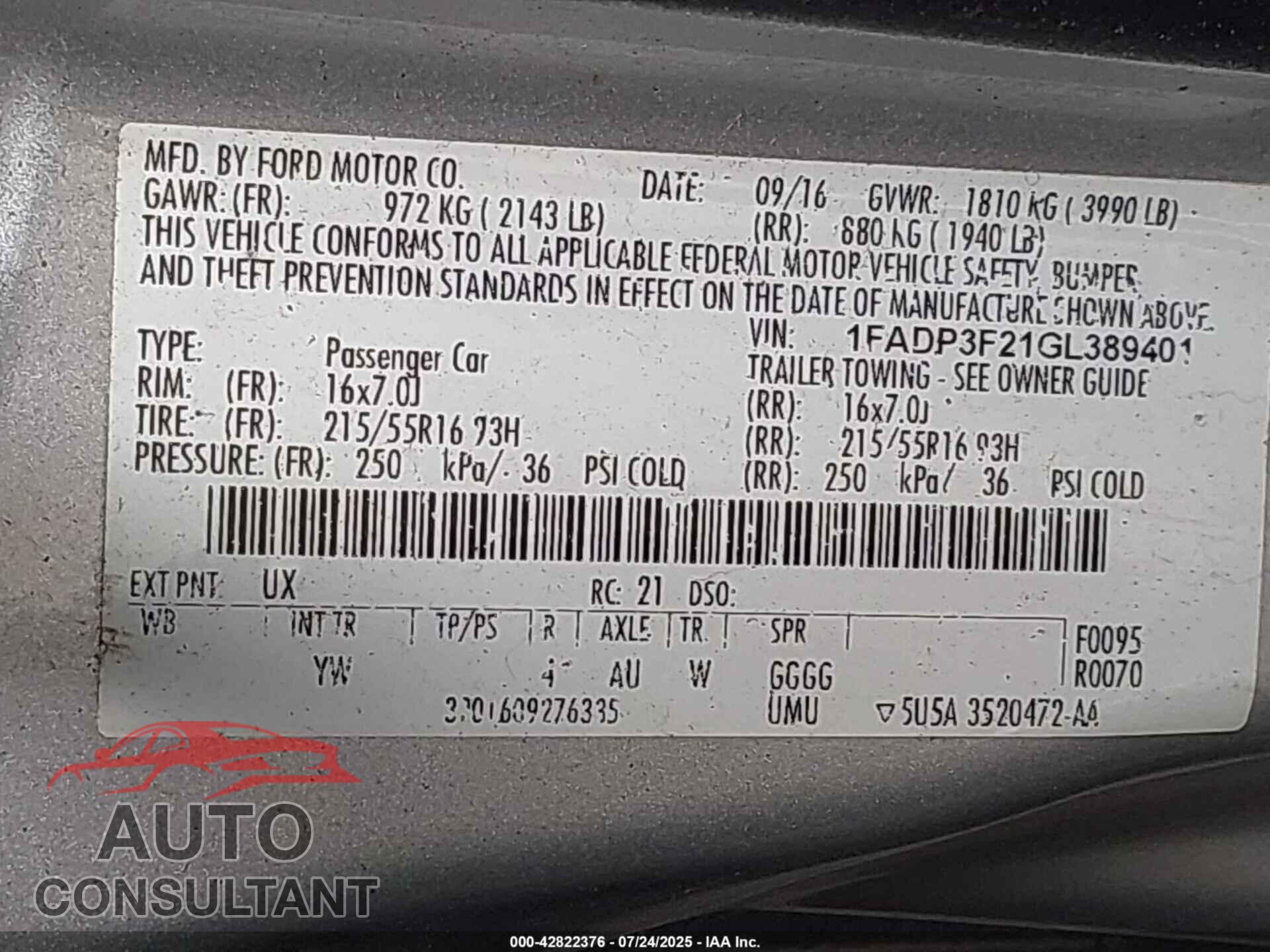FORD FOCUS 2016 - 1FADP3F21GL389401