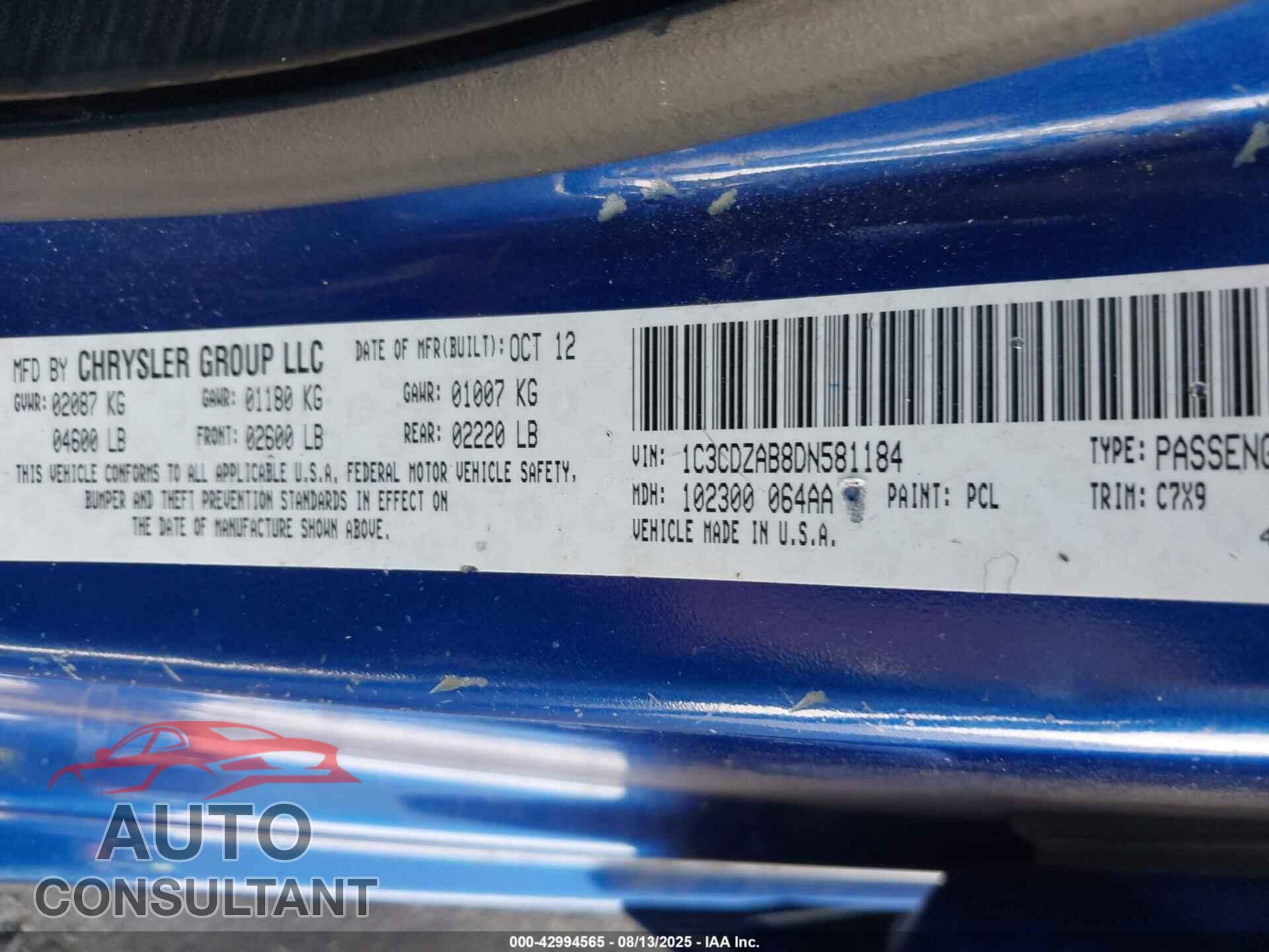 DODGE AVENGER 2013 - 1C3CDZAB8DN581184