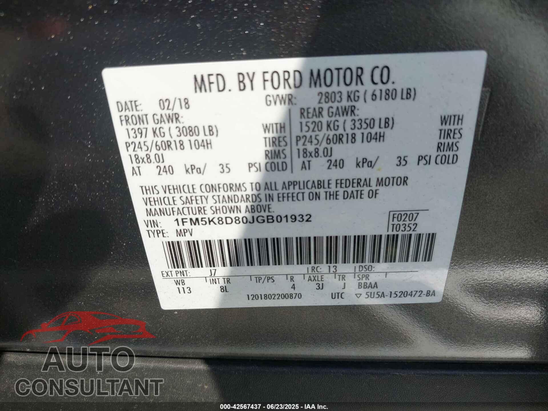 FORD EXPLORER 2018 - 1FM5K8D80JGB01932