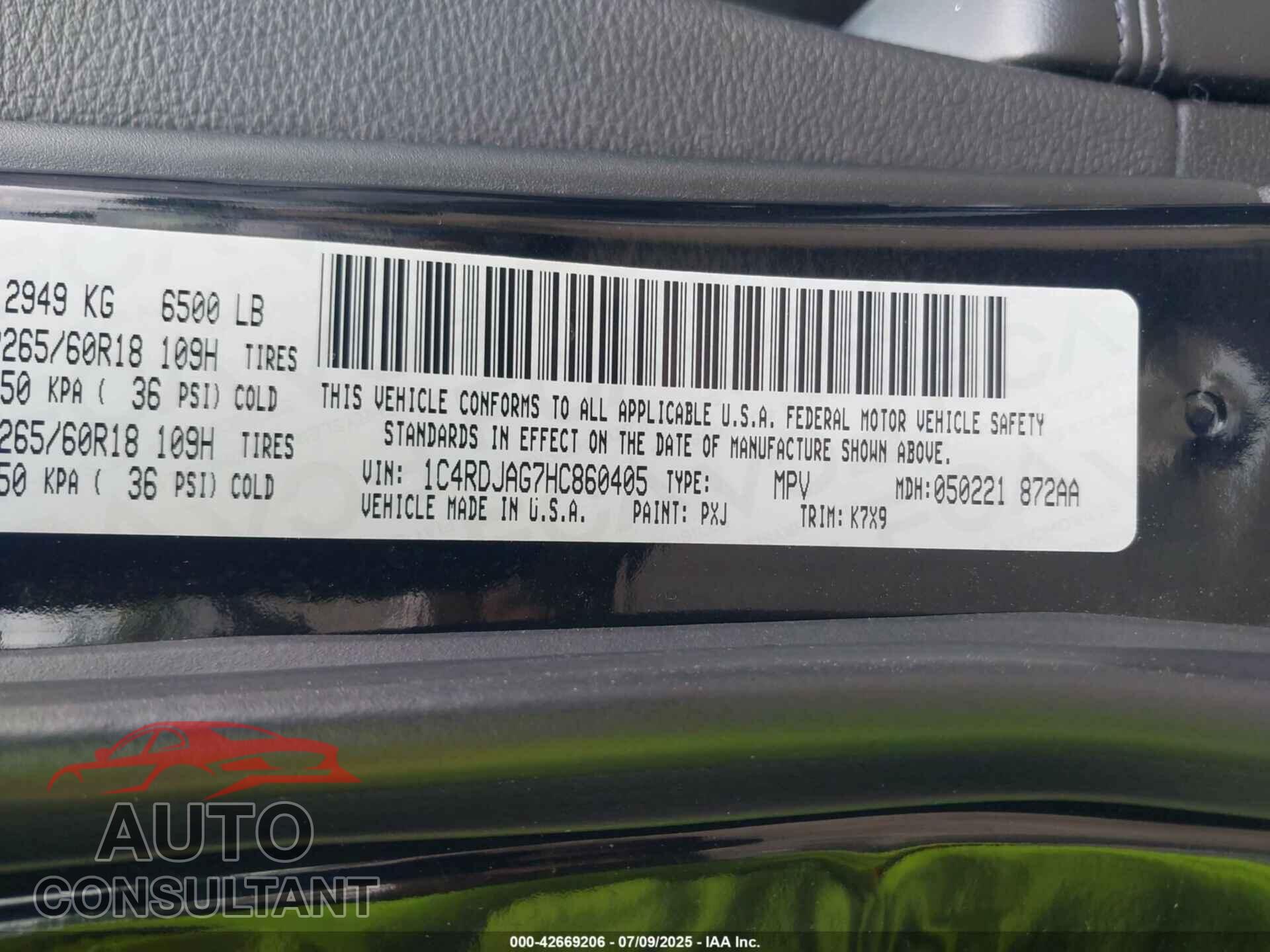 DODGE DURANGO 2017 - 1C4RDJAG7HC860405