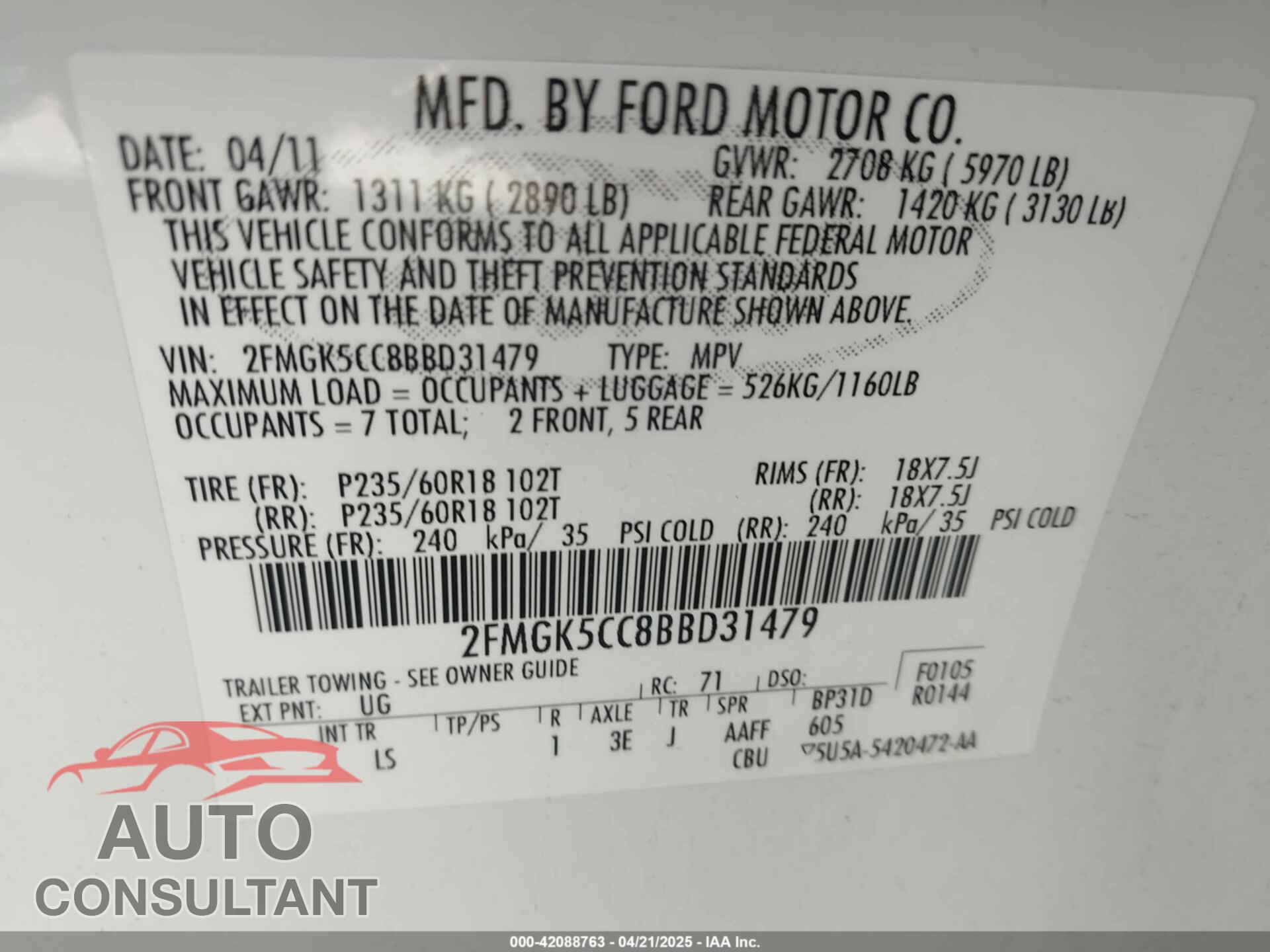 FORD FLEX 2011 - 2FMGK5CC8BBD31479
