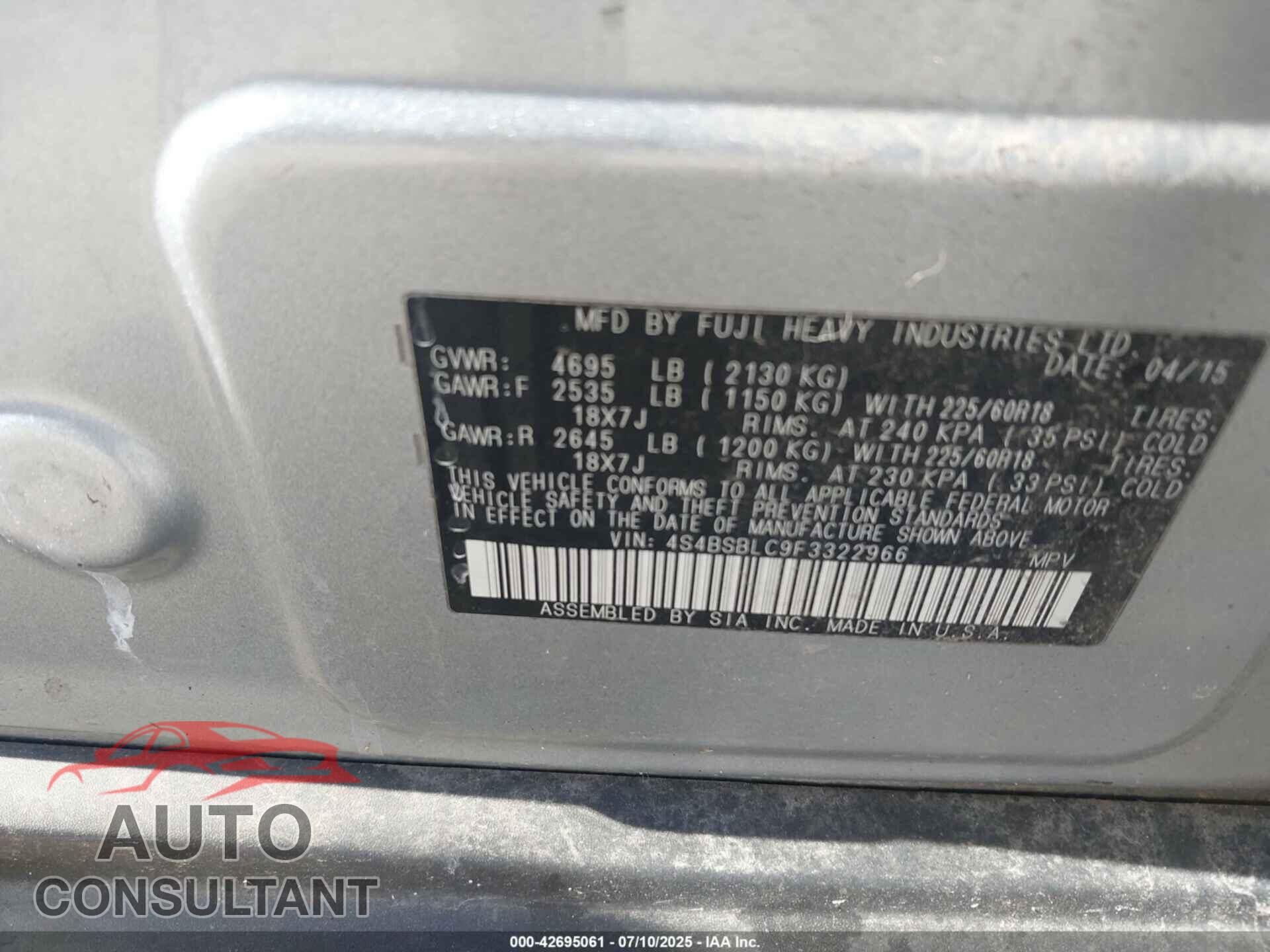 SUBARU OUTBACK 2015 - 4S4BSBLC9F3322966