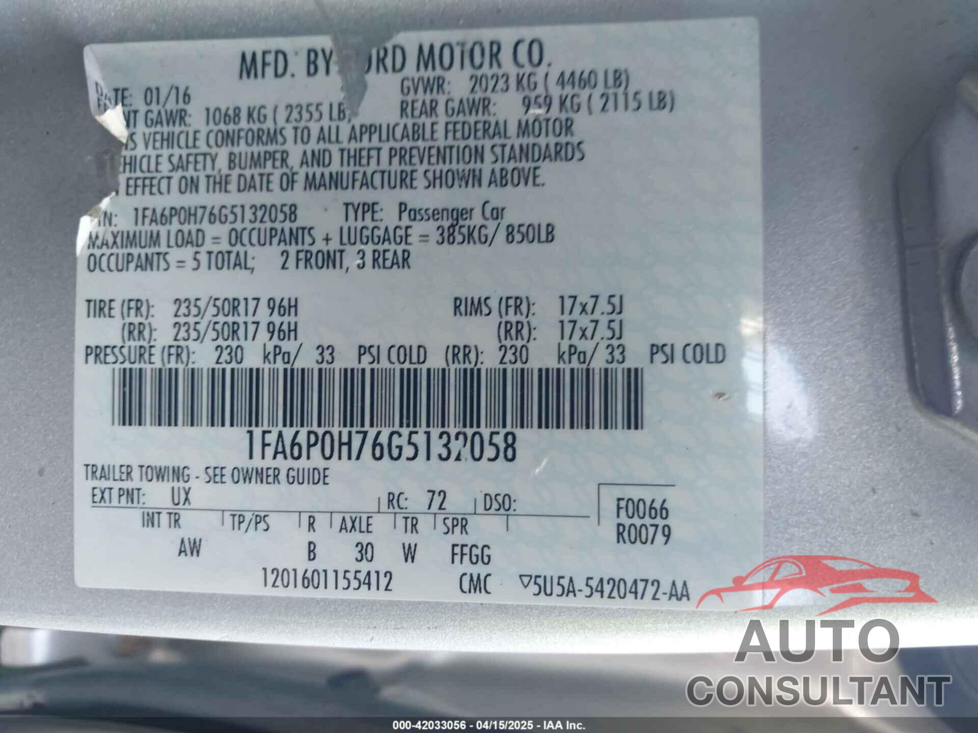 FORD FUSION 2016 - 1FA6P0H76G5132058