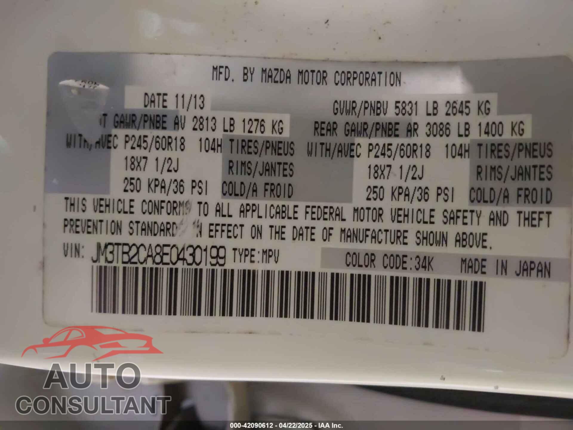 MAZDA CX-9 2014 - JM3TB2CA8E0430199