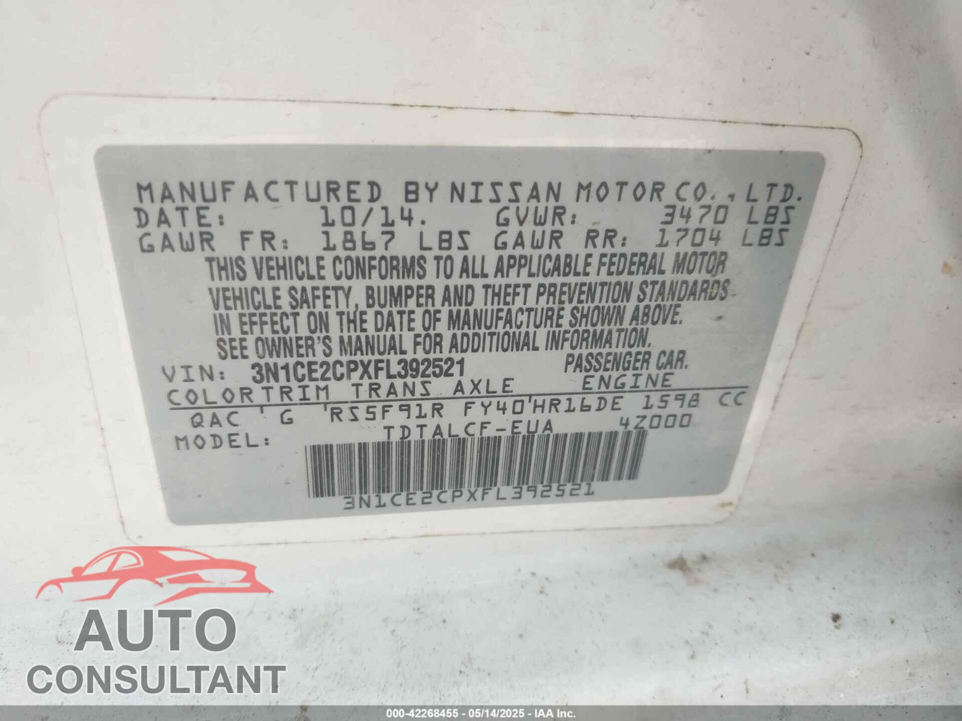 NISSAN VERSA NOTE 2015 - 3N1CE2CPXFL392521