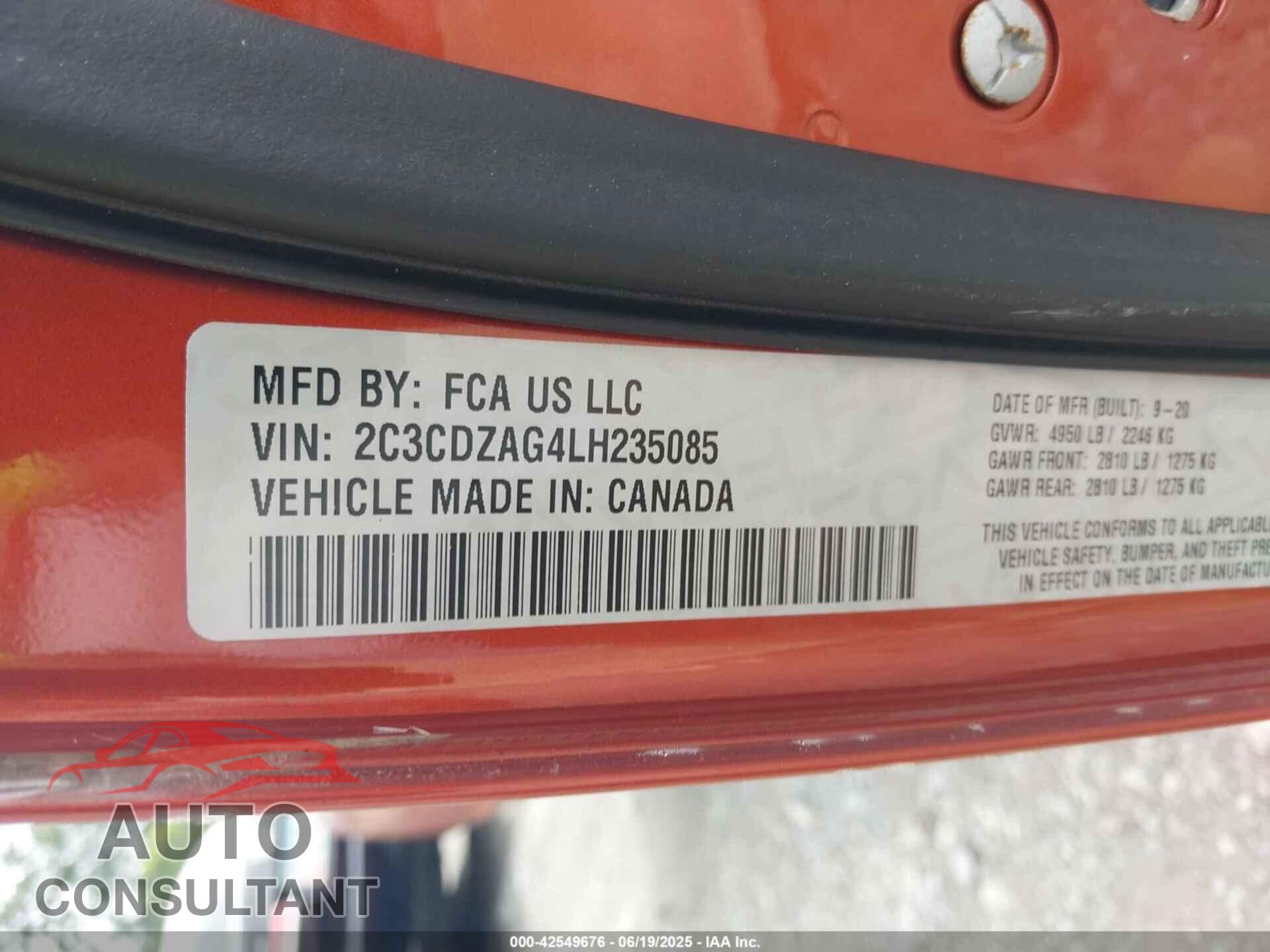 DODGE CHALLENGER 2020 - 2C3CDZAG4LH235085