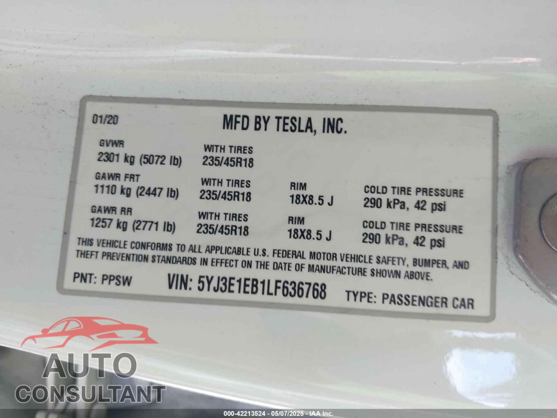 TESLA MODEL 3 2020 - 5YJ3E1EB1LF636768