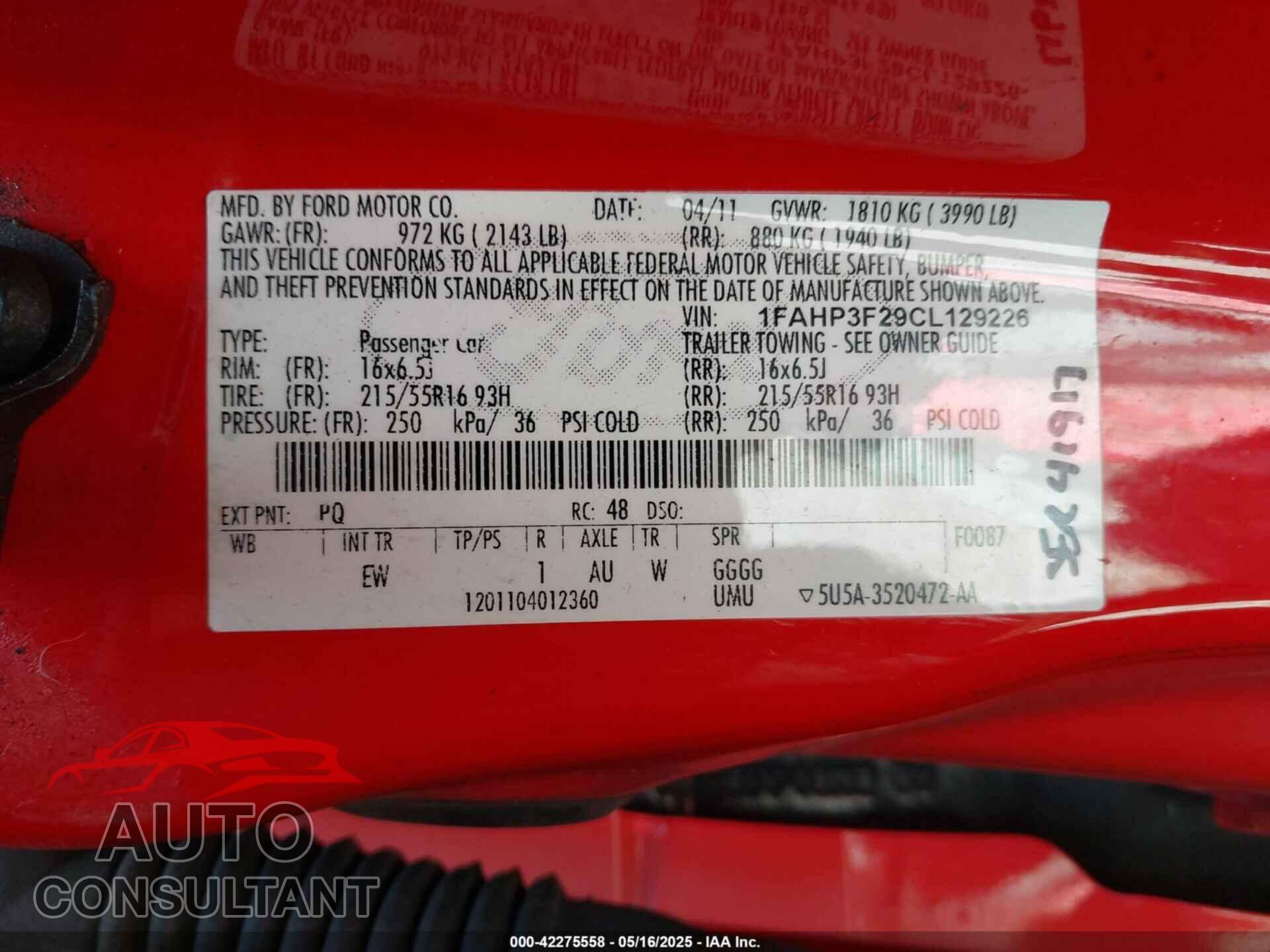 FORD FOCUS 2012 - 1FAHP3F29CL129226