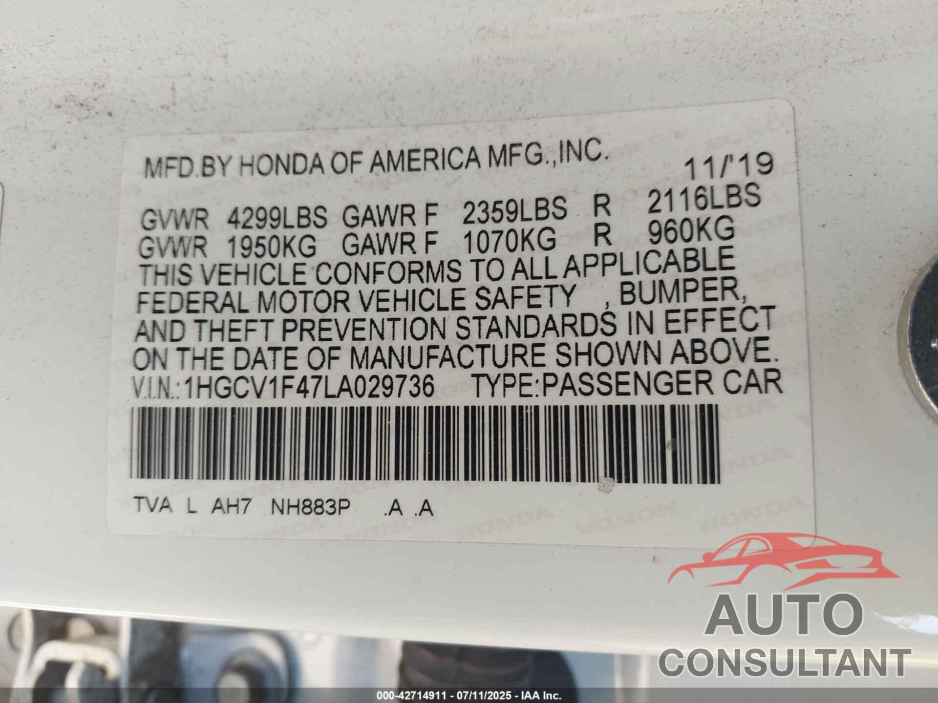 HONDA ACCORD 2020 - 1HGCV1F47LA029736