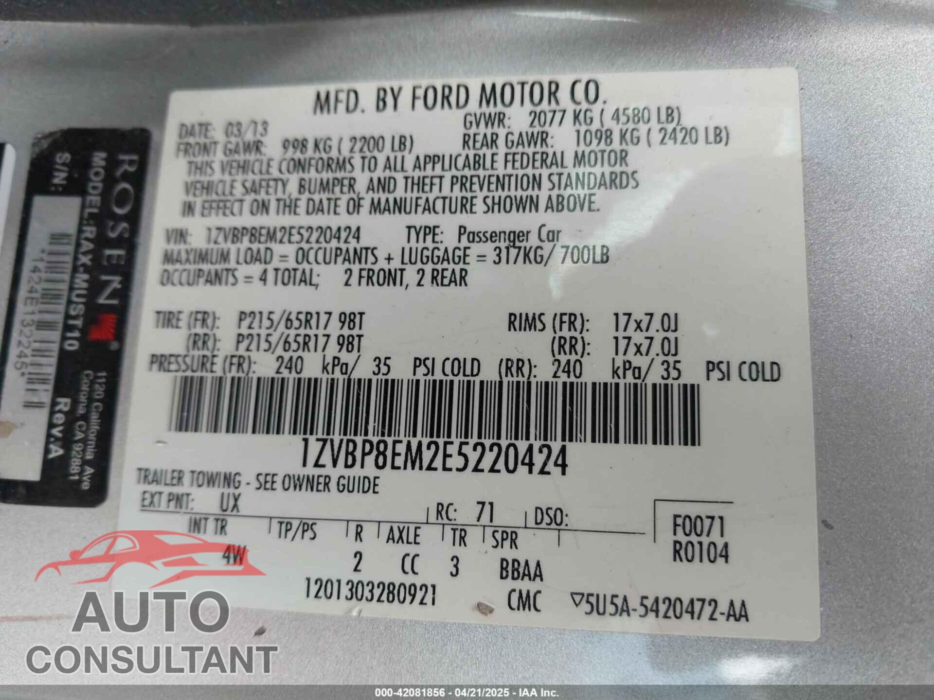 FORD MUSTANG 2014 - 1ZVBP8EM2E5220424