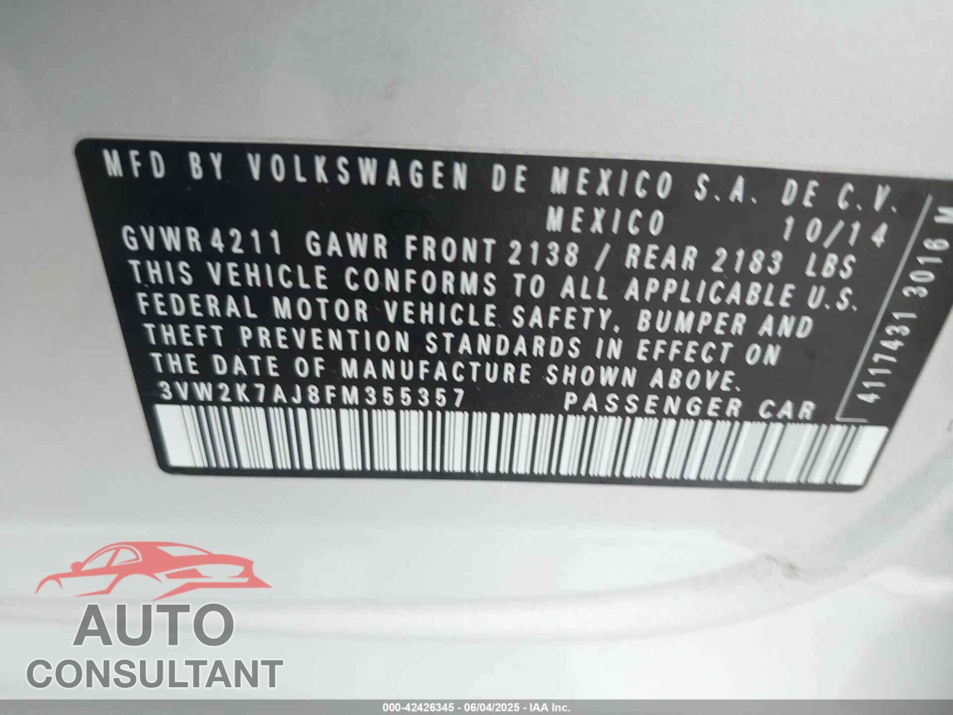 VOLKSWAGEN JETTA 2015 - 3VW2K7AJ8FM355357