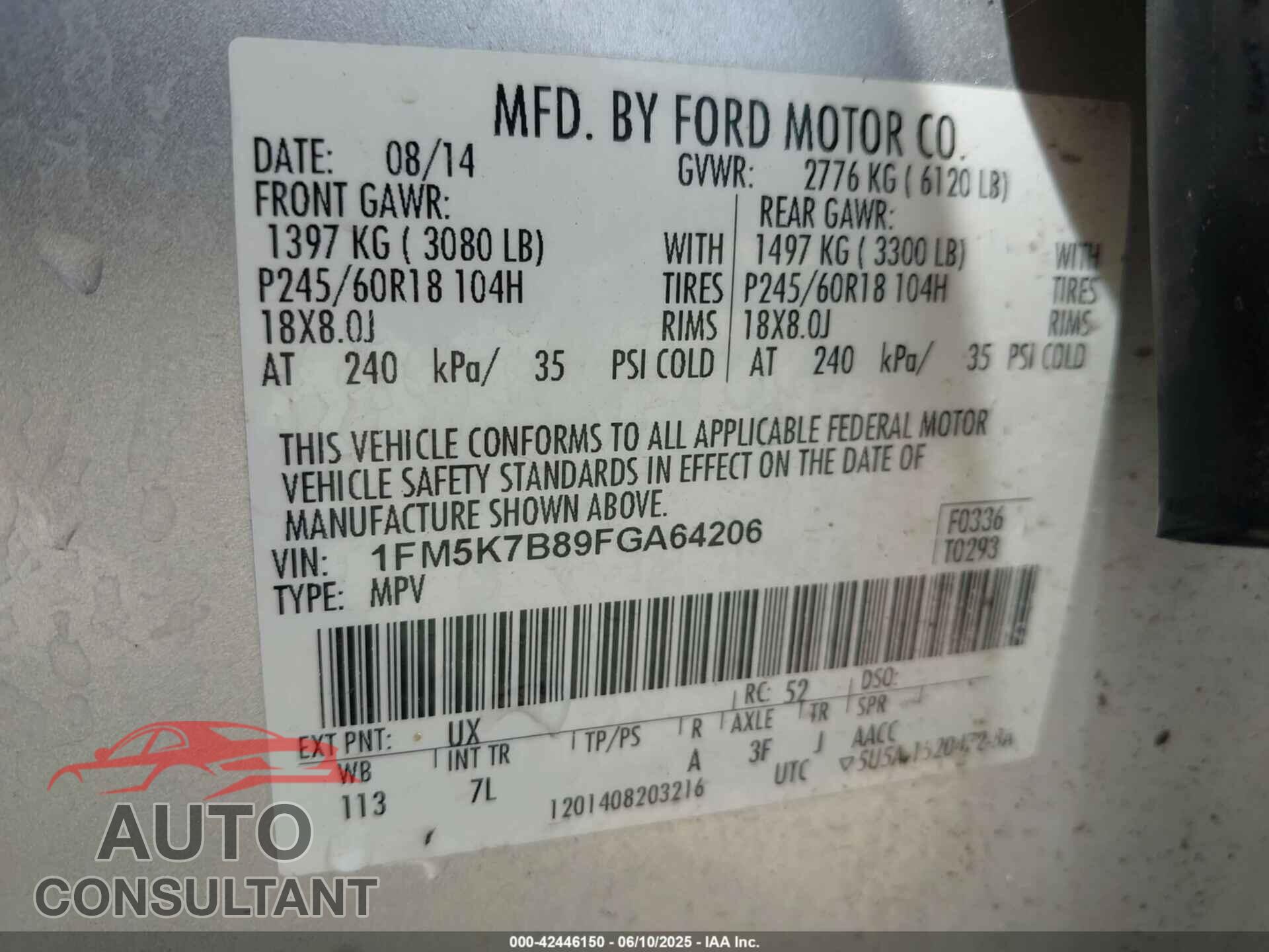 FORD EXPLORER 2015 - 1FM5K7B89FGA64206