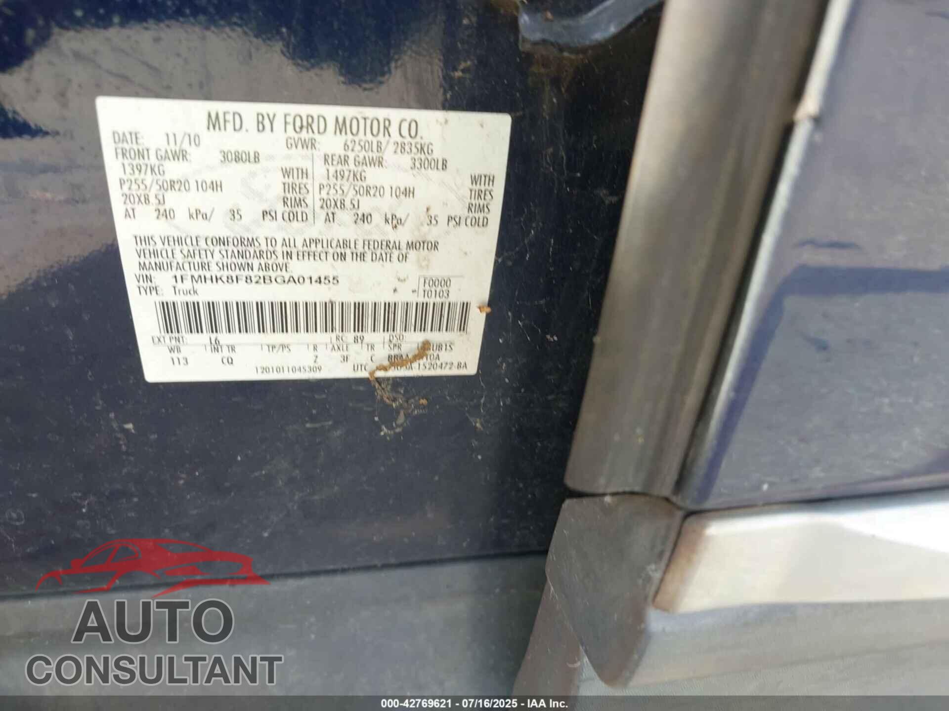 FORD EXPLORER 2011 - 1FMHK8F82BGA01455