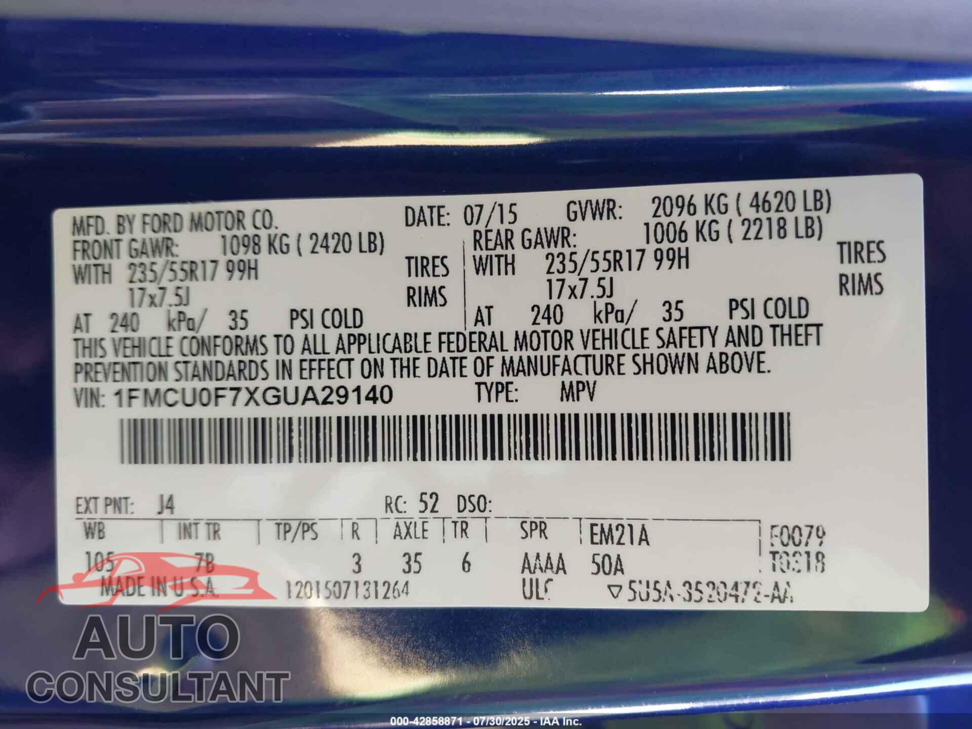 FORD ESCAPE 2016 - 1FMCU0F7XGUA29140