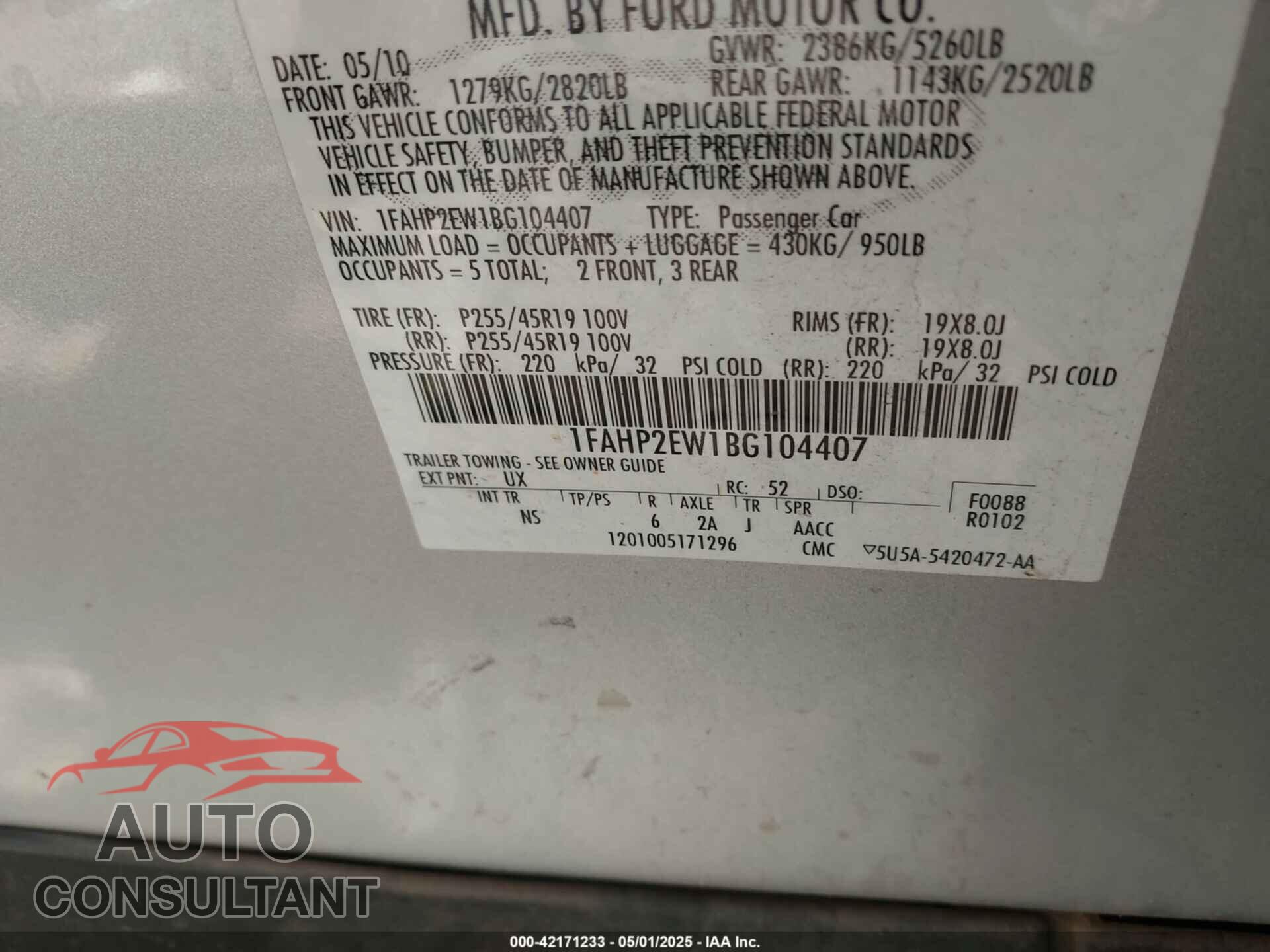 FORD TAURUS 2011 - 1FAHP2EW1BG104407