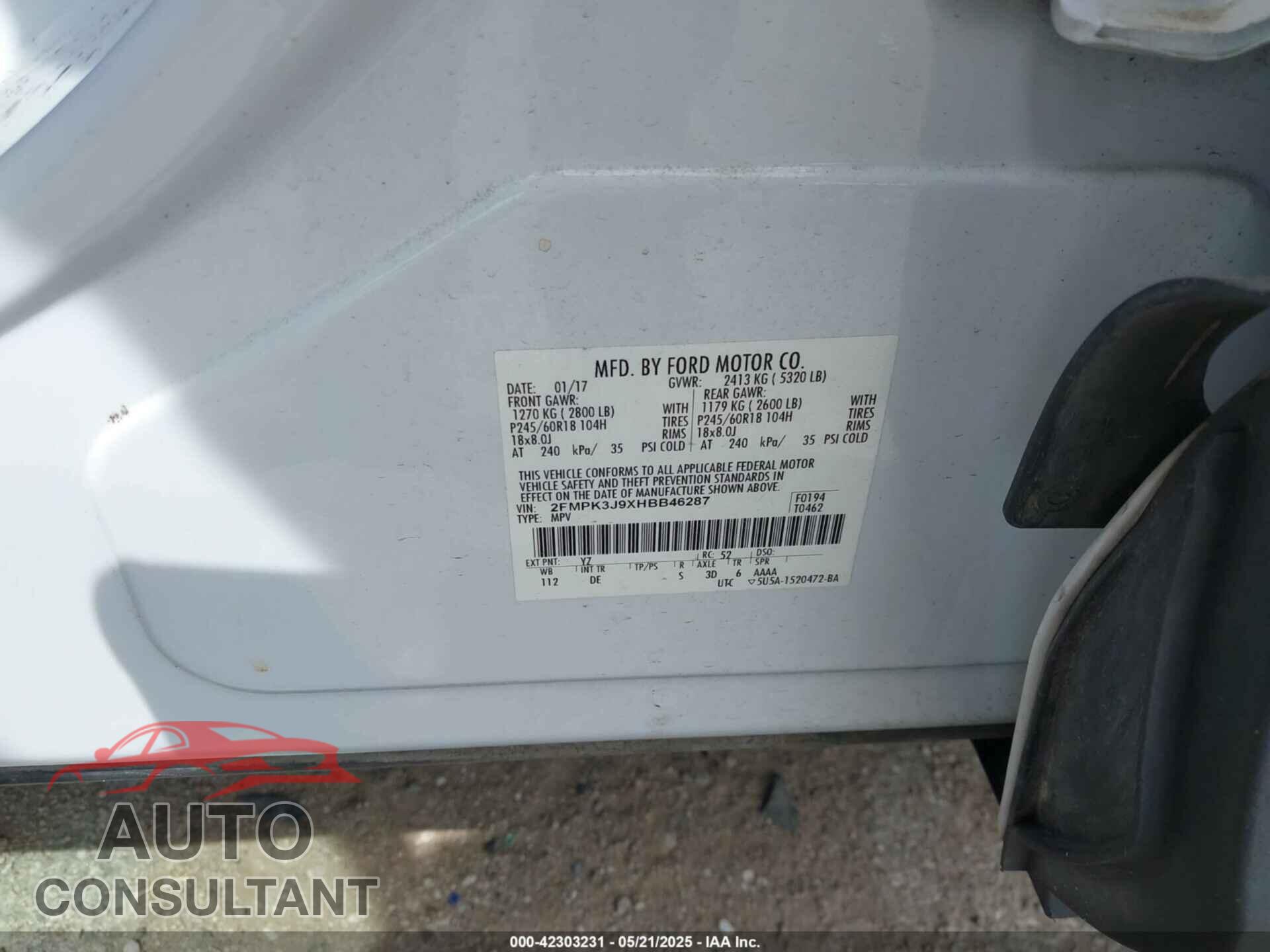 FORD EDGE 2017 - 2FMPK3J9XHBB46287