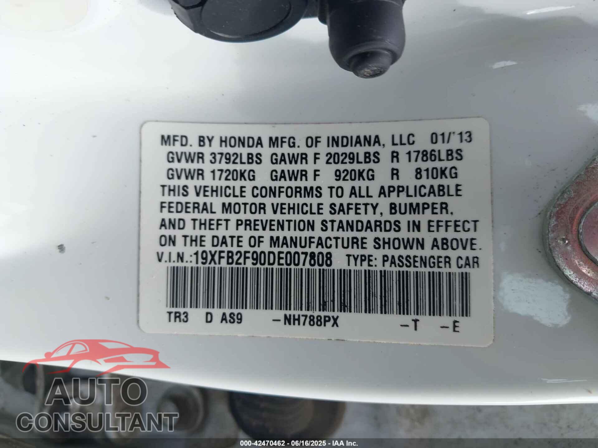 HONDA CIVIC 2013 - 19XFB2F90DE007808