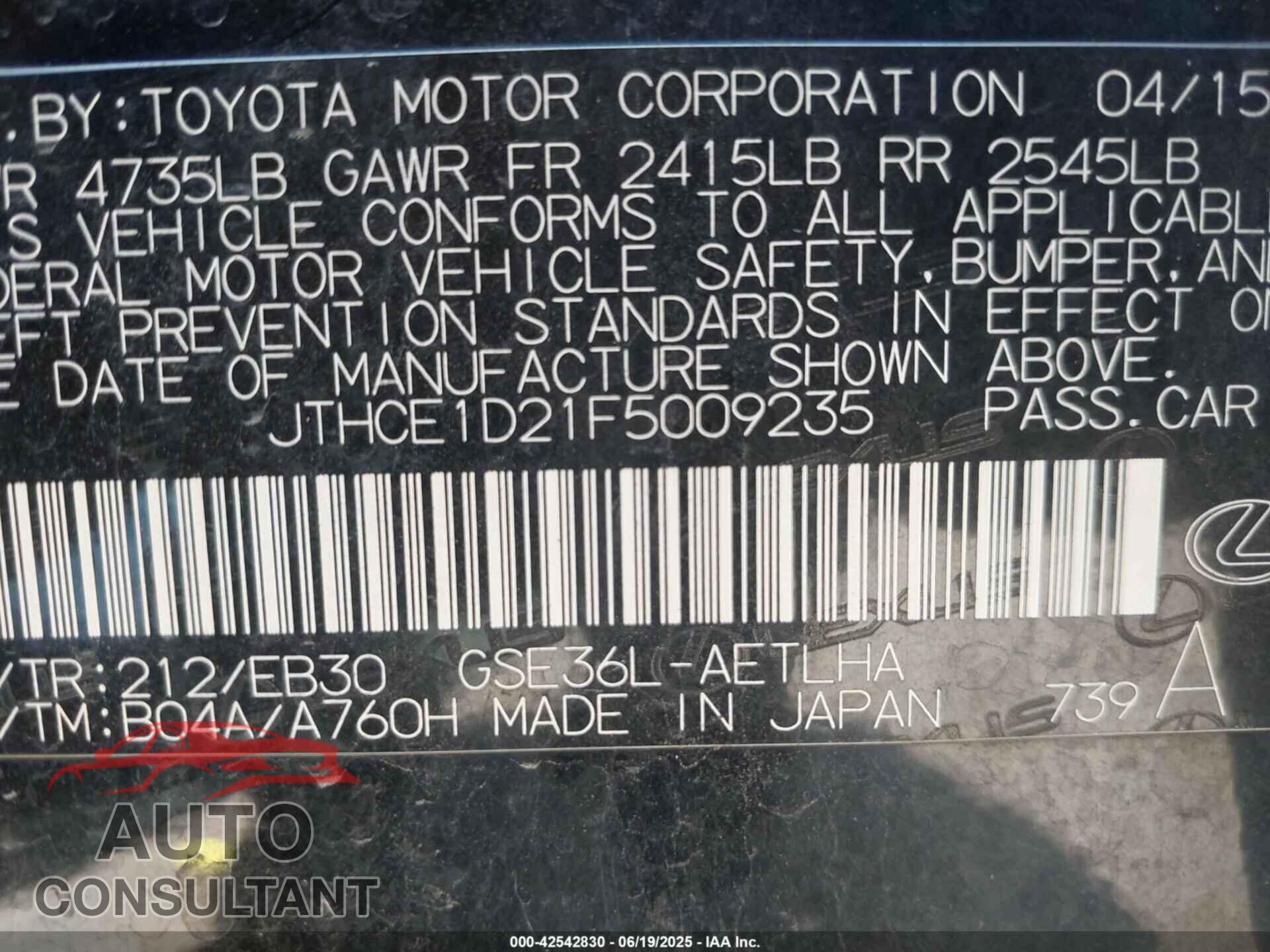 LEXUS IS 350 2015 - JTHCE1D21F5009235