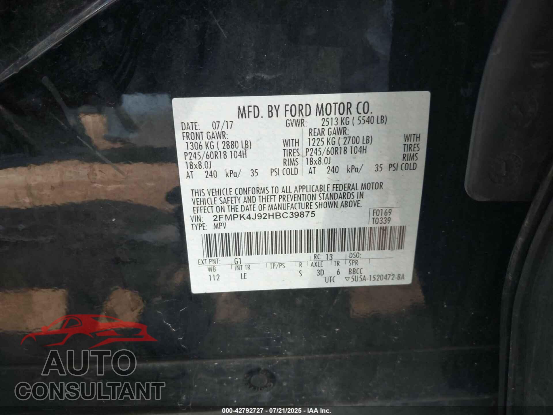 FORD EDGE 2017 - 2FMPK4J92HBC39875