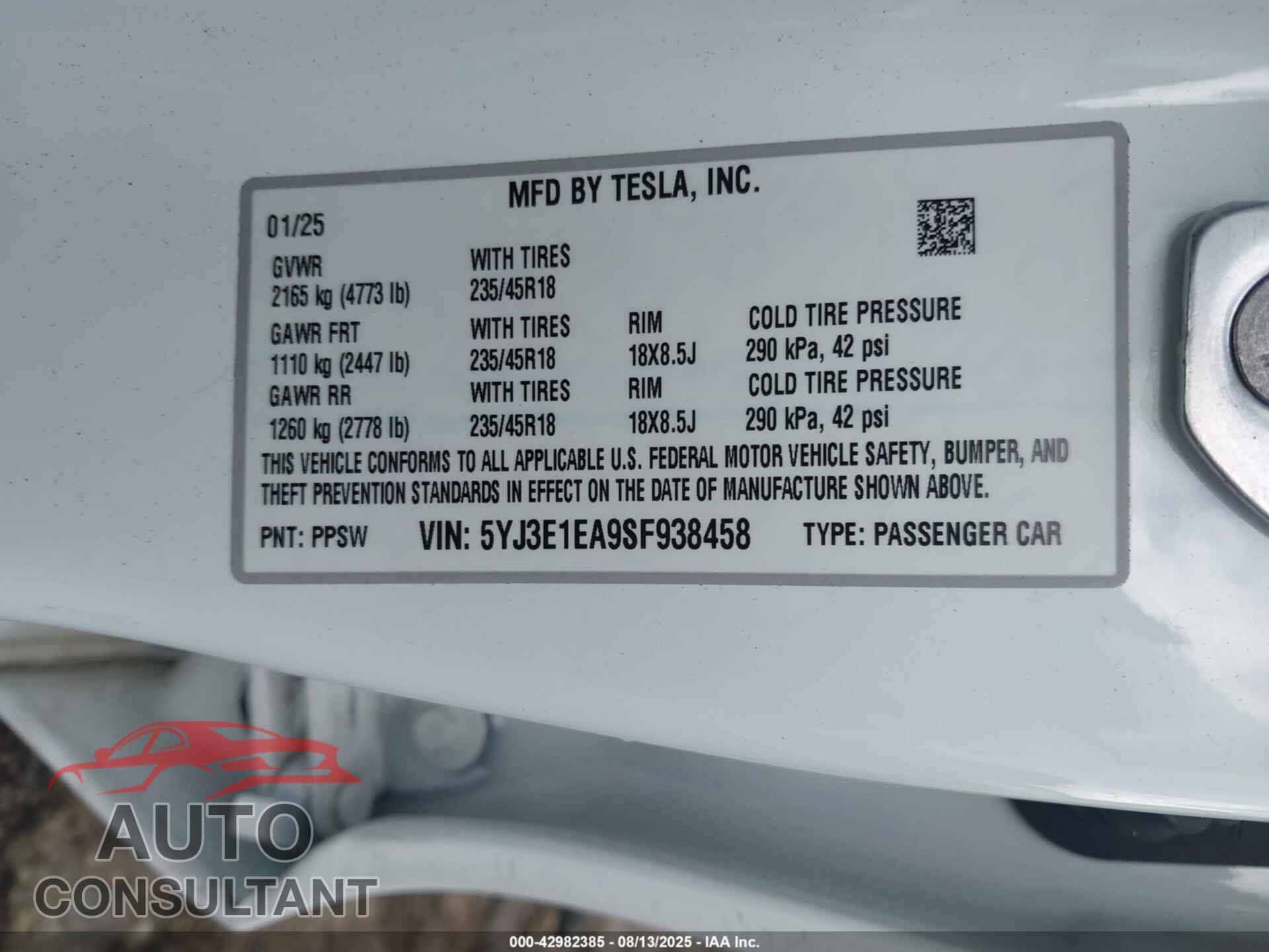 TESLA MODEL 3 2025 - 5YJ3E1EA9SF938458