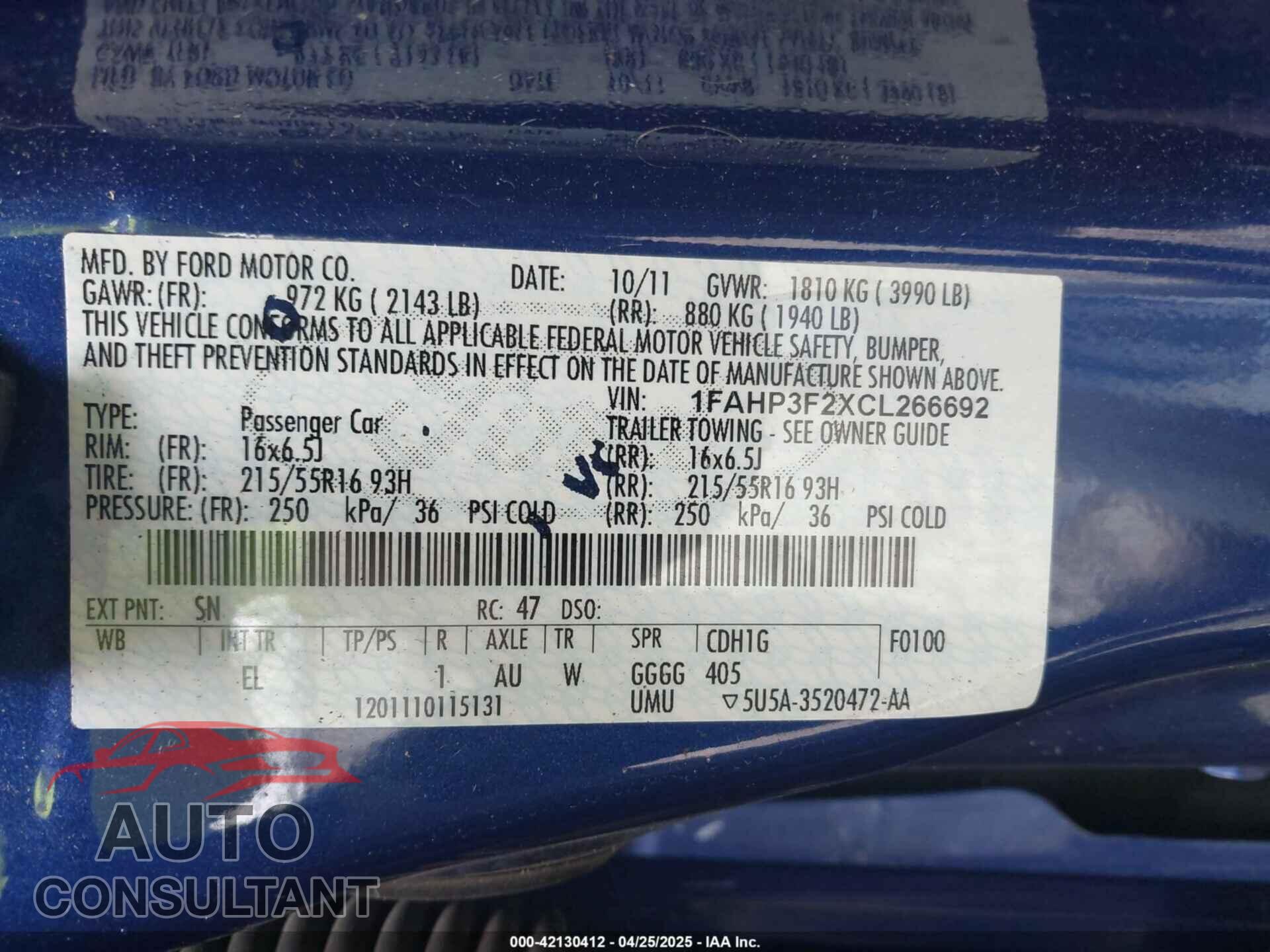 FORD FOCUS 2012 - 1FAHP3F2XCL266692