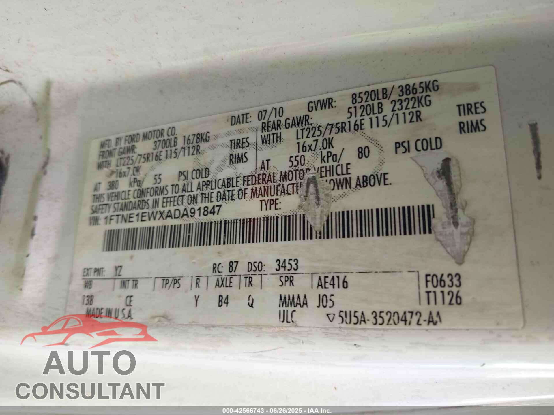 FORD E-150 2010 - 1FTNE1EWXADA91847