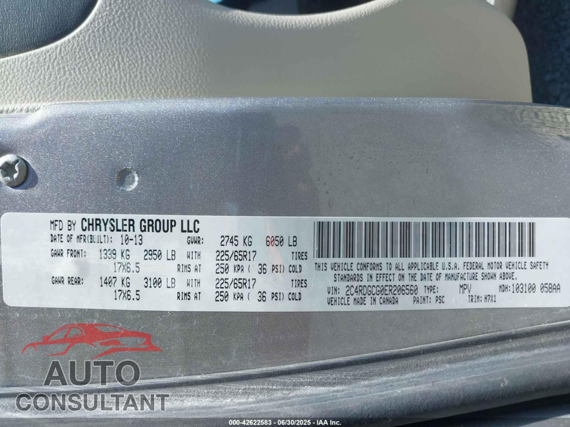 DODGE GRAND CARAVAN 2014 - 2C4RDGCG0ER206560