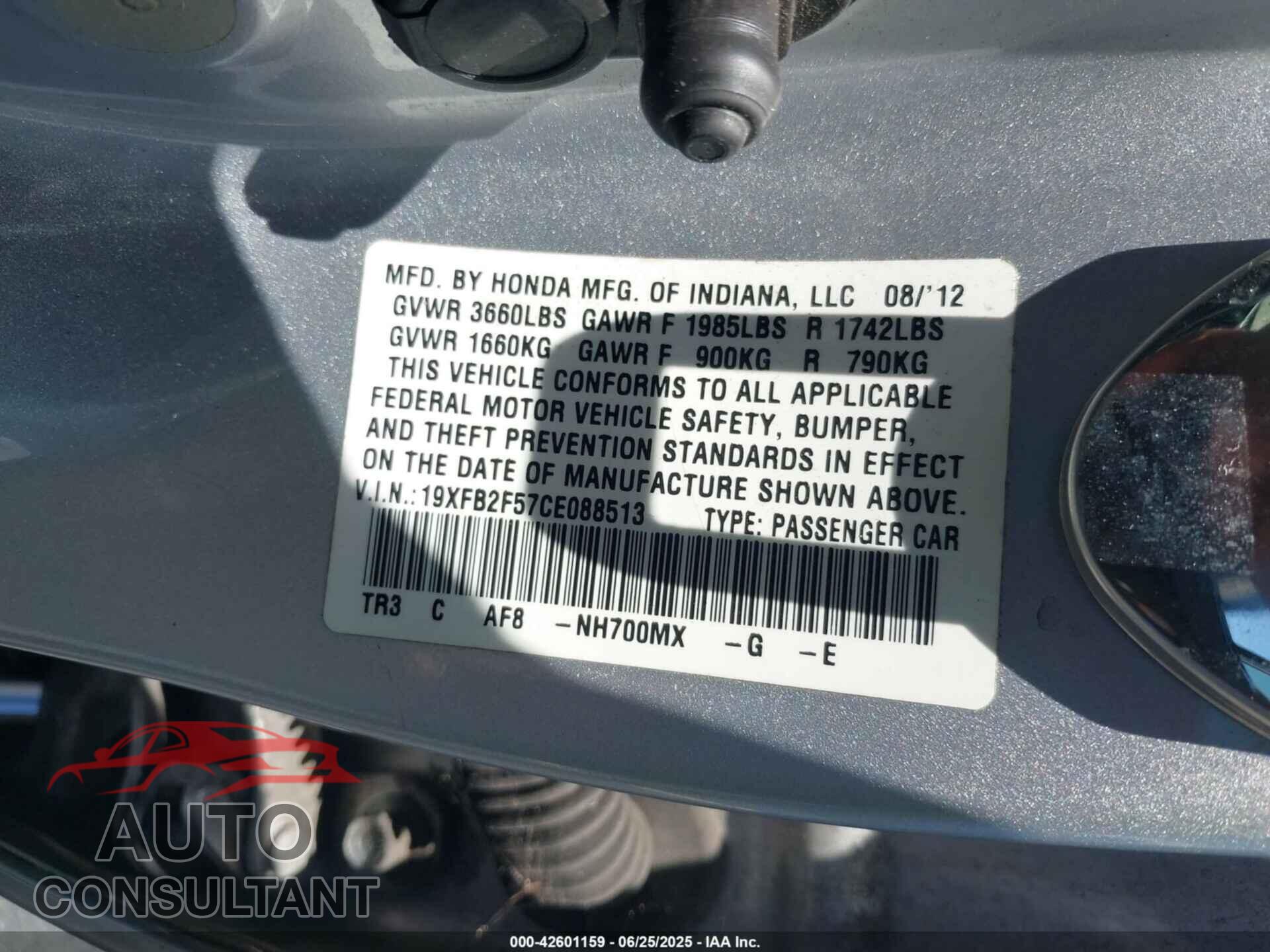 HONDA CIVIC 2012 - 19XFB2F57CE088513