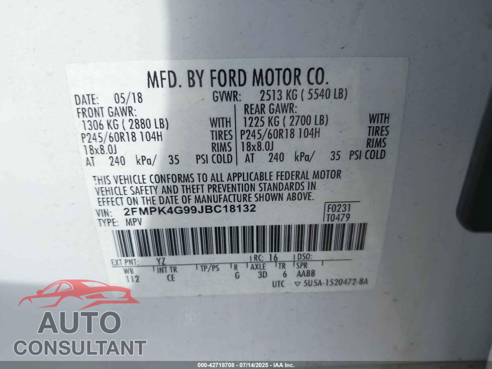 FORD EDGE 2018 - 2FMPK4G99JBC18132