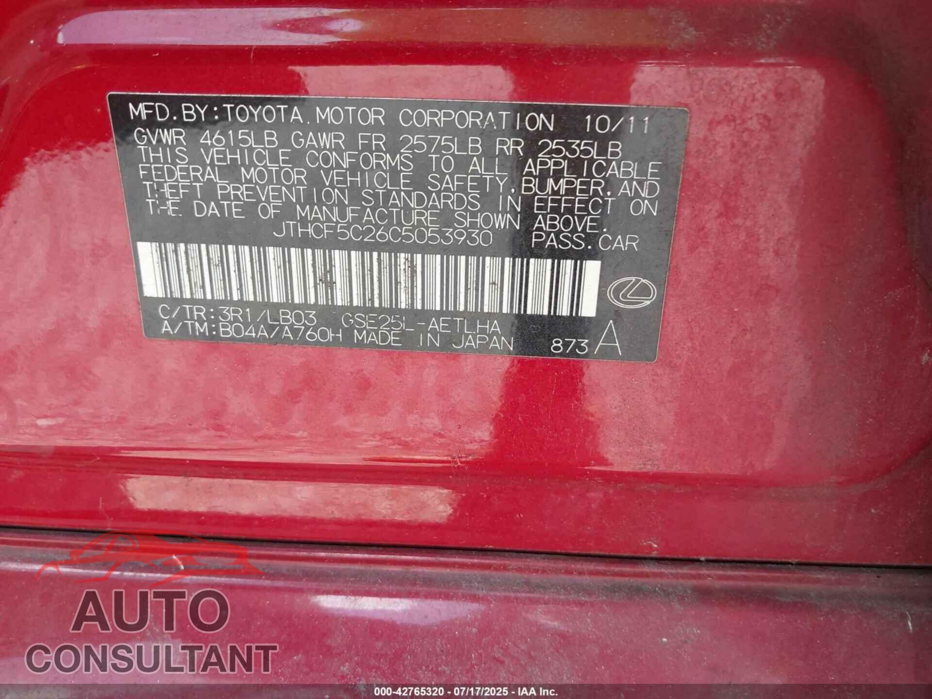 LEXUS IS 250 2012 - JTHCF5C26C5053930