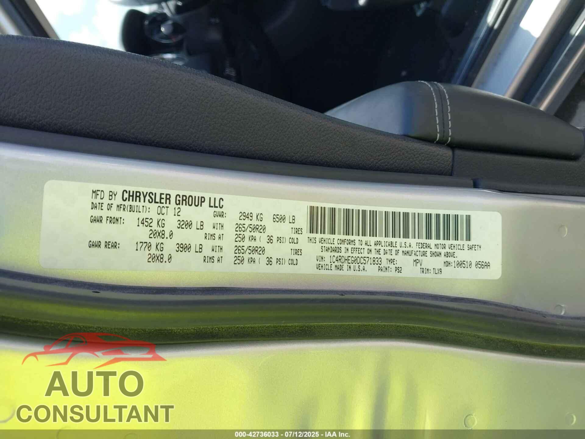 DODGE DURANGO 2013 - 1C4RDHEG0DC571833