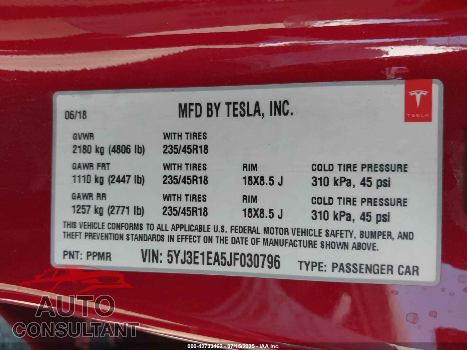 TESLA MODEL 3 2018 - 5YJ3E1EA5JF030796