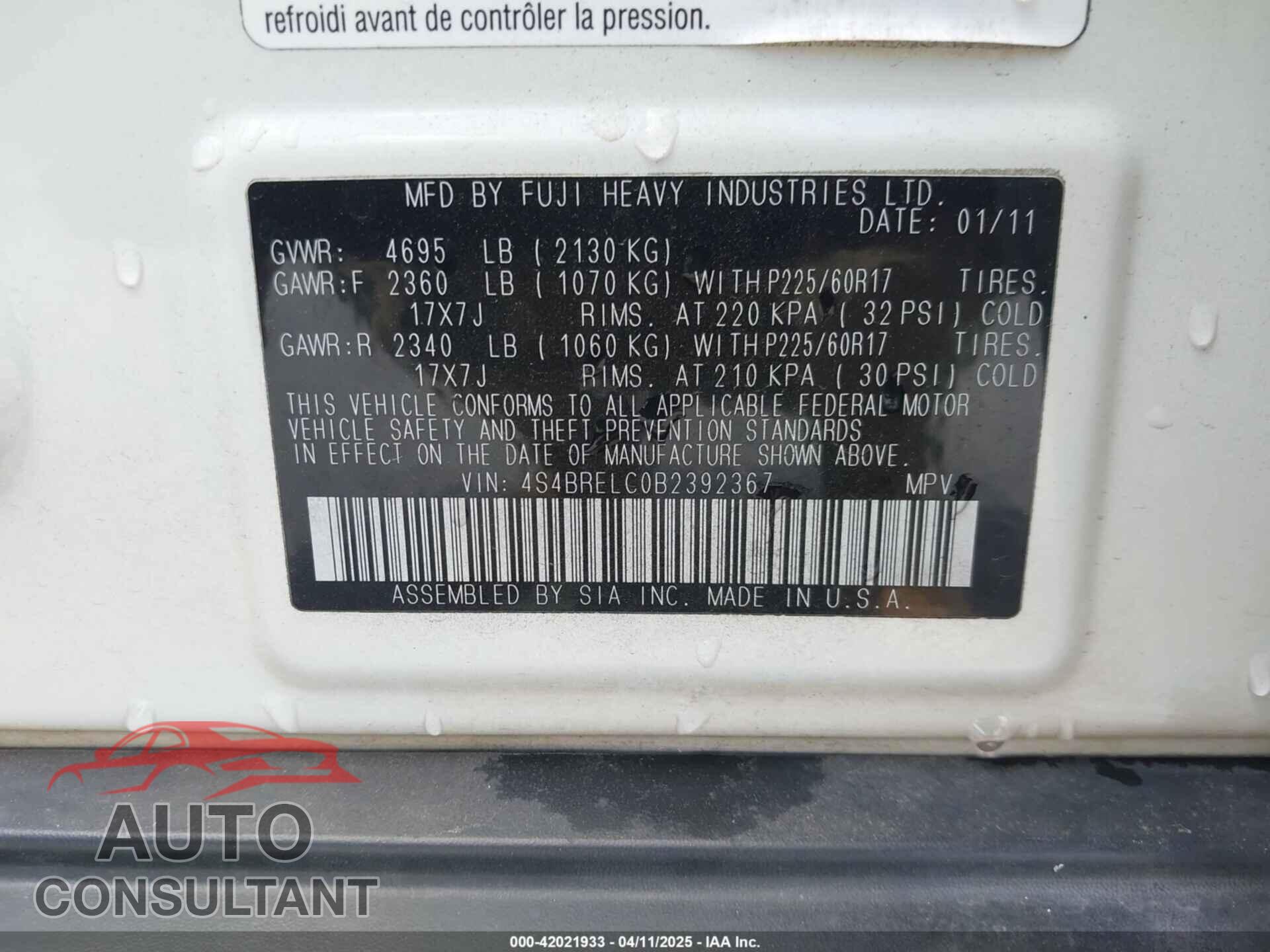 SUBARU OUTBACK 2011 - 4S4BRELC0B2392367