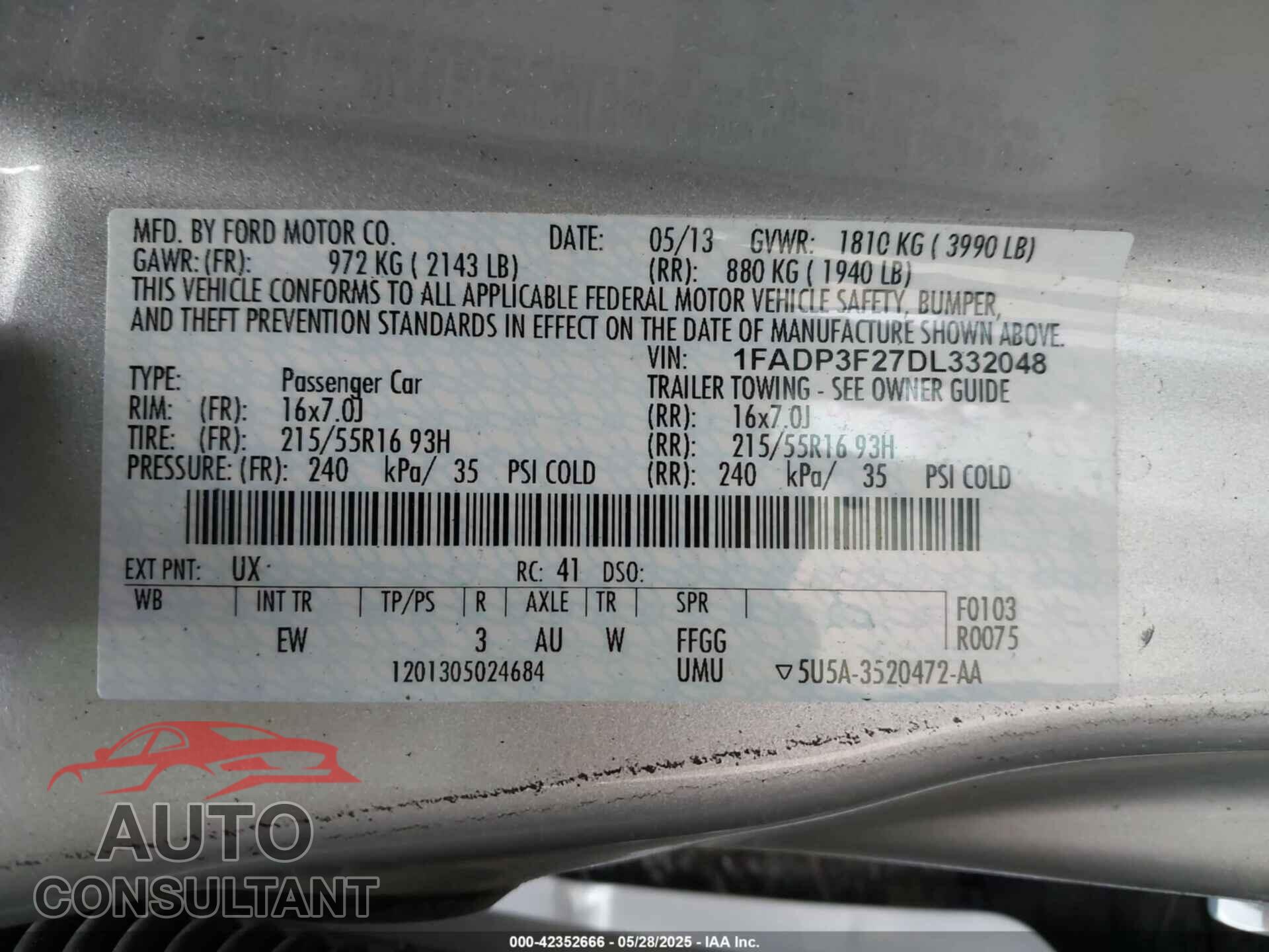 FORD FOCUS 2013 - 1FADP3F27DL332048