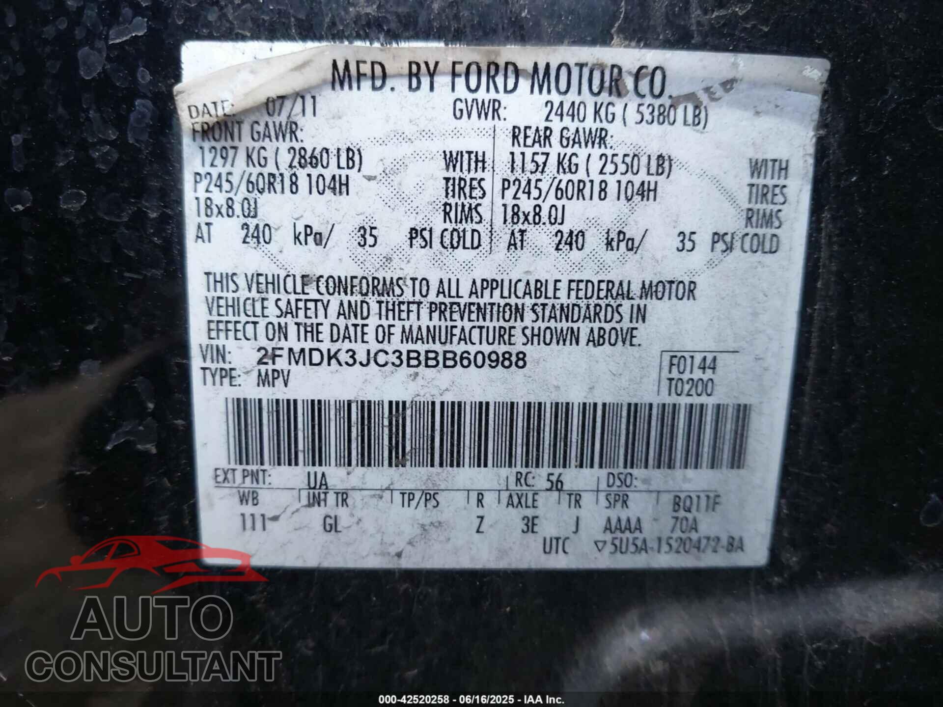 FORD EDGE 2011 - 2FMDK3JC3BBB60988