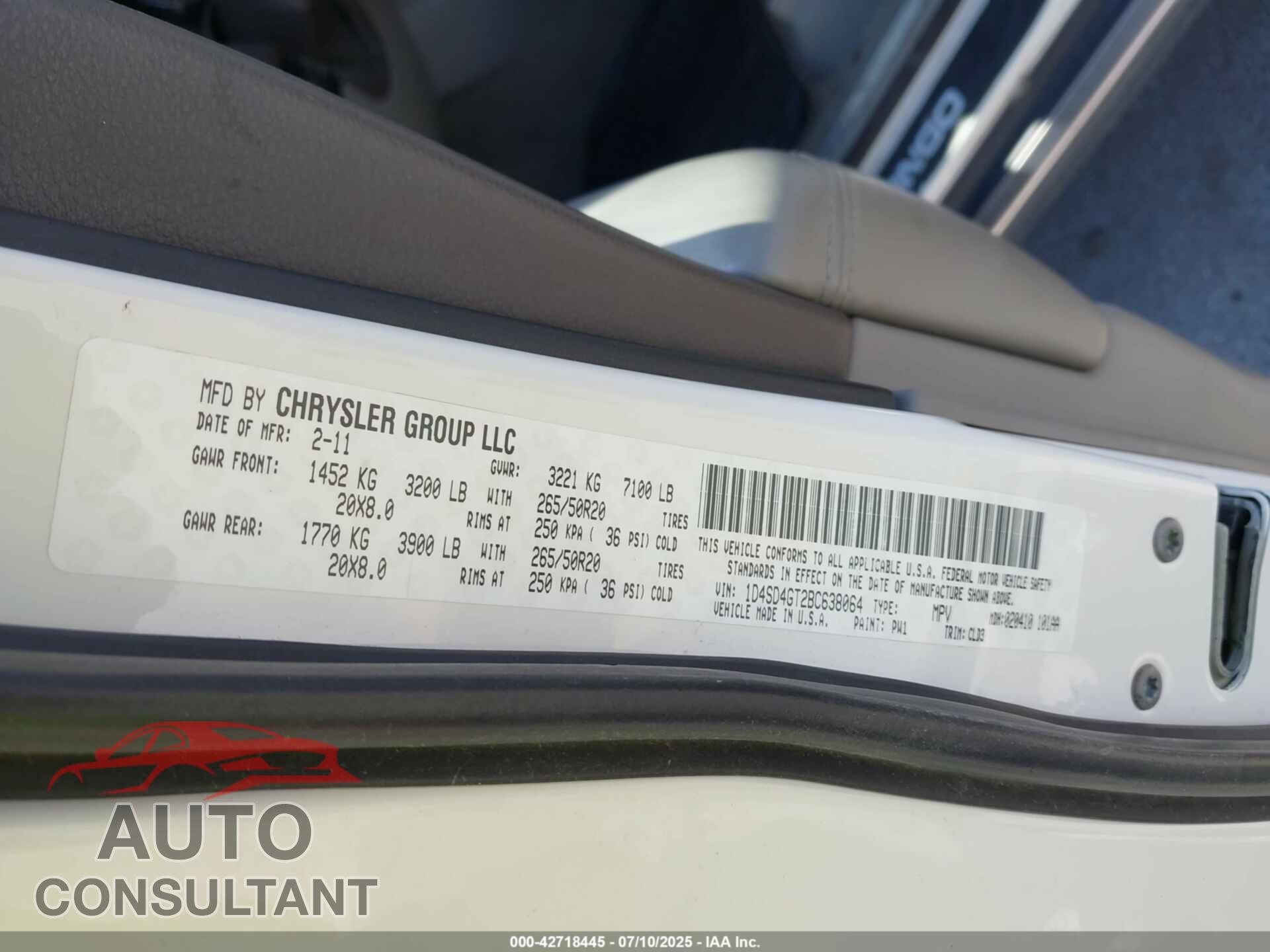 DODGE DURANGO 2011 - 1D4SD4GT2BC638064
