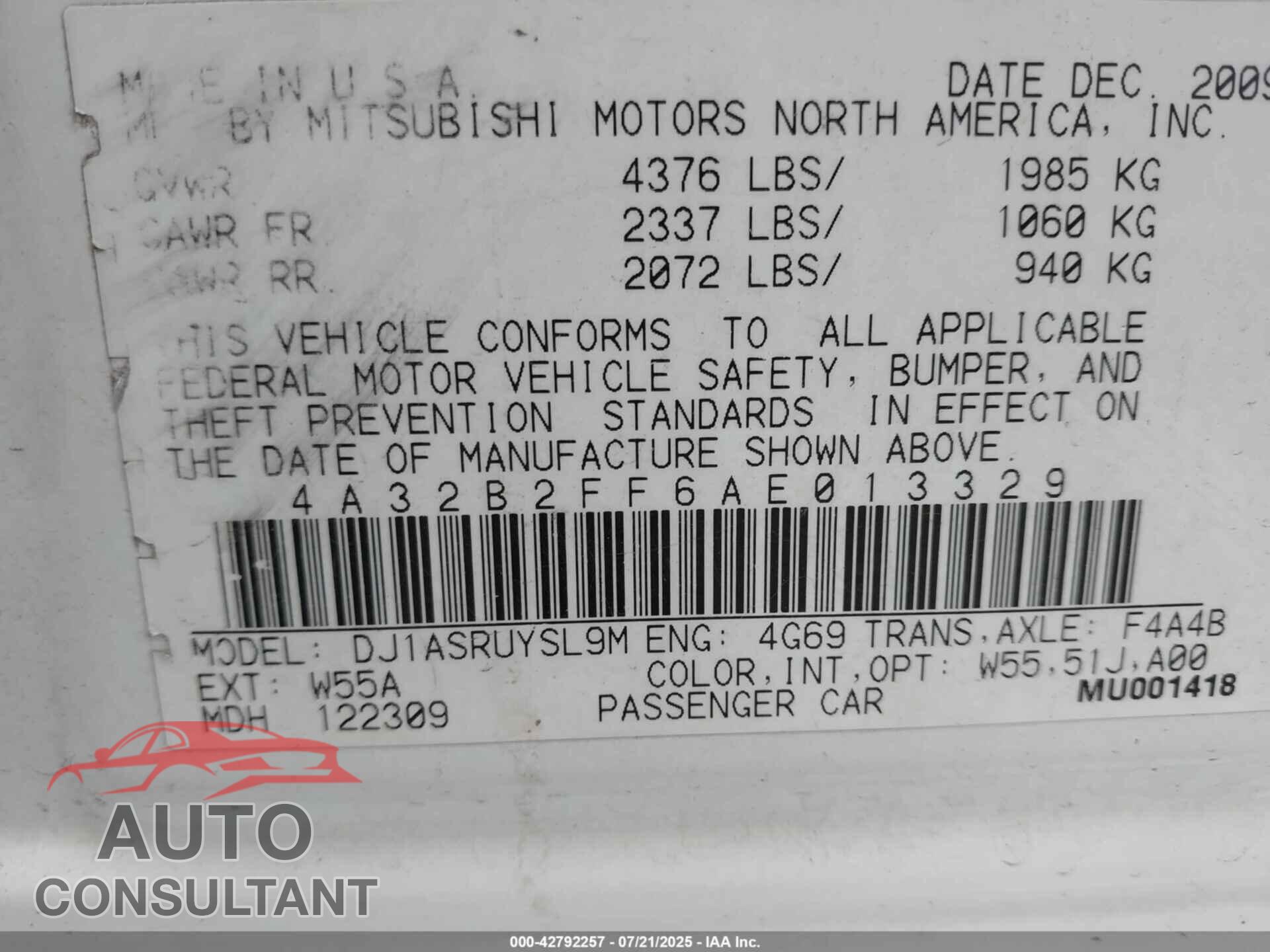 MITSUBISHI GALANT 2010 - 4A32B2FF6AE013329