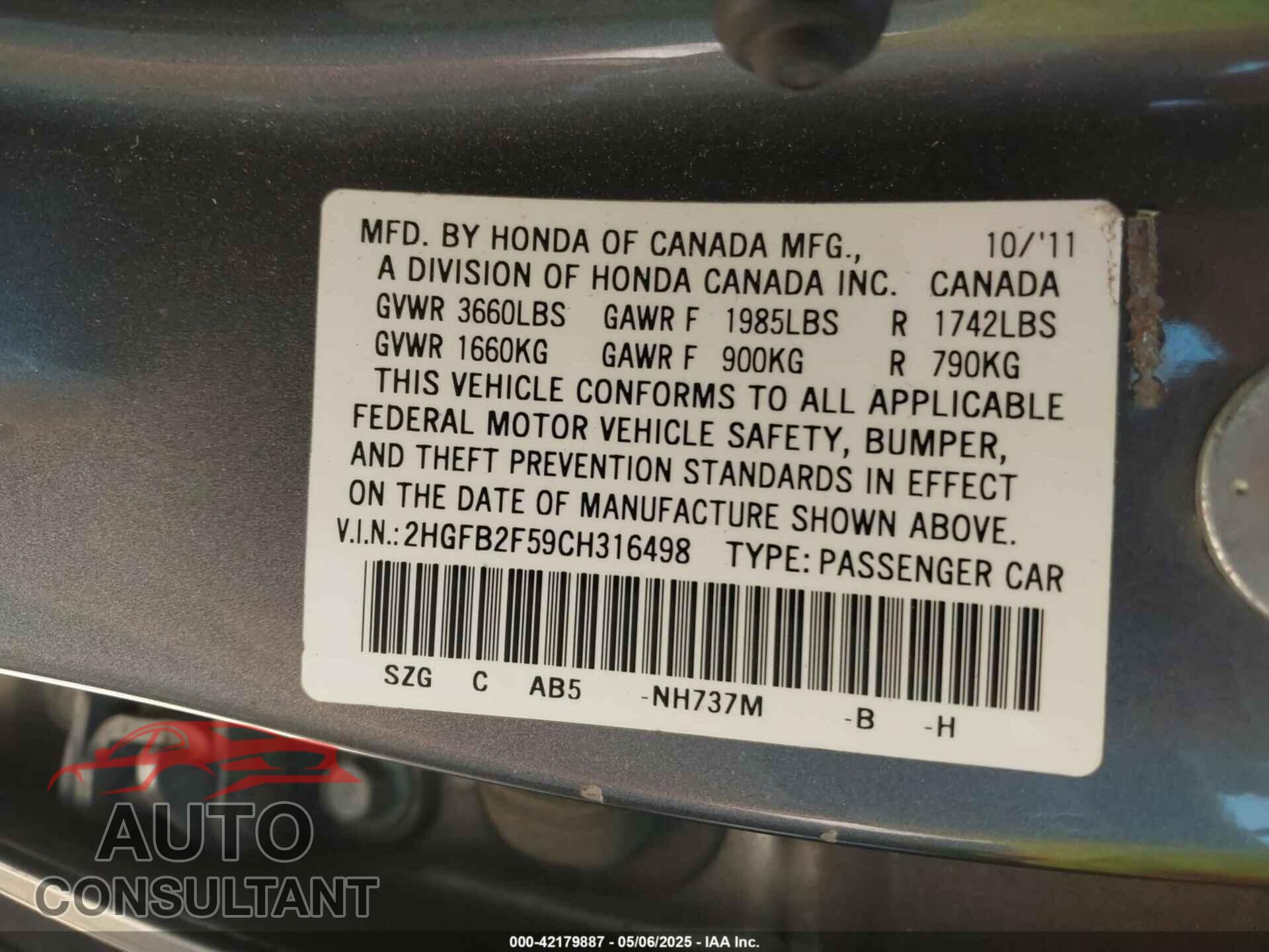 HONDA CIVIC 2012 - 2HGFB2F59CH316498
