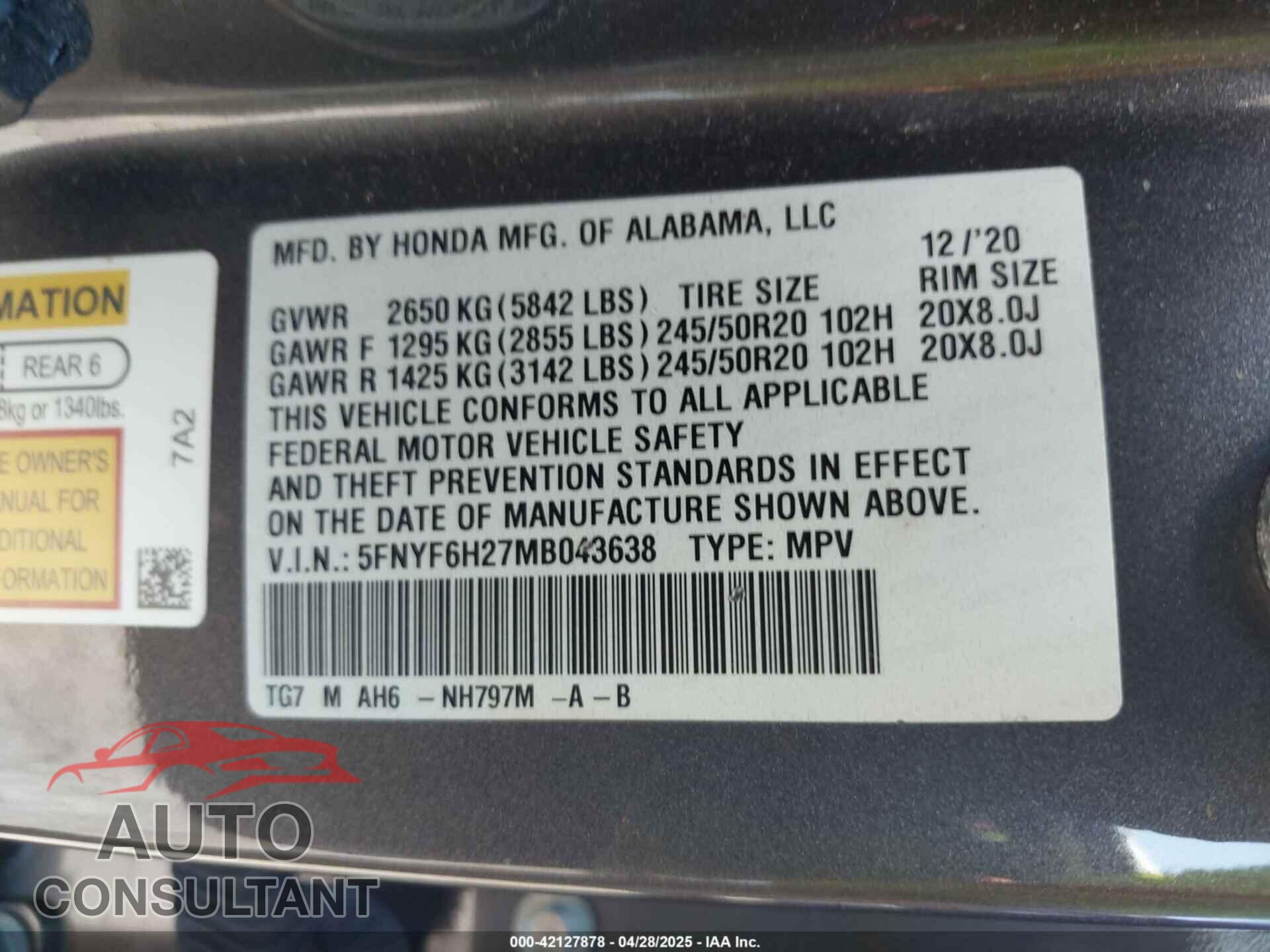 HONDA PILOT 2021 - 5FNYF6H27MB043638