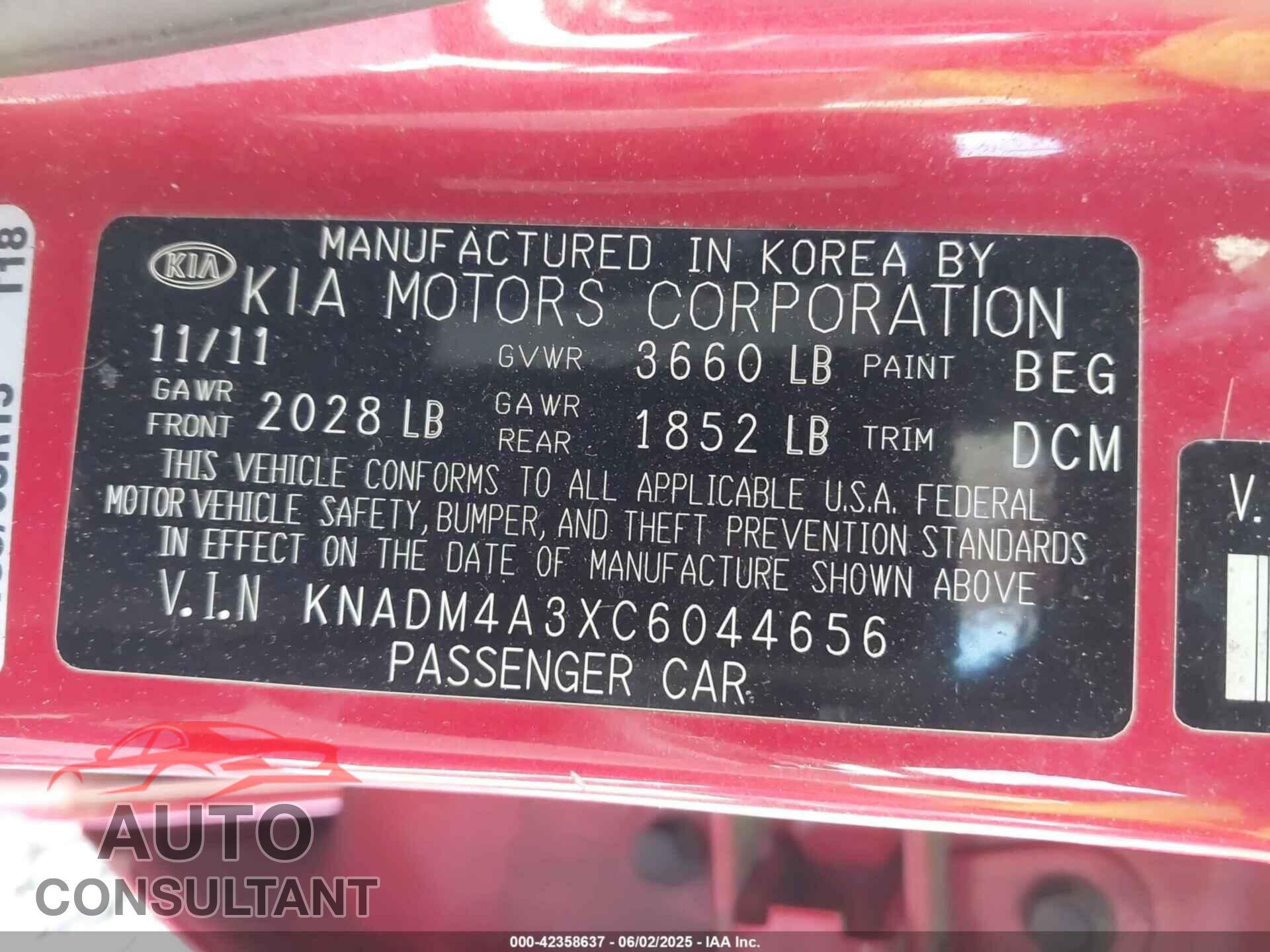 KIA RIO 2012 - KNADM4A3XC6044656