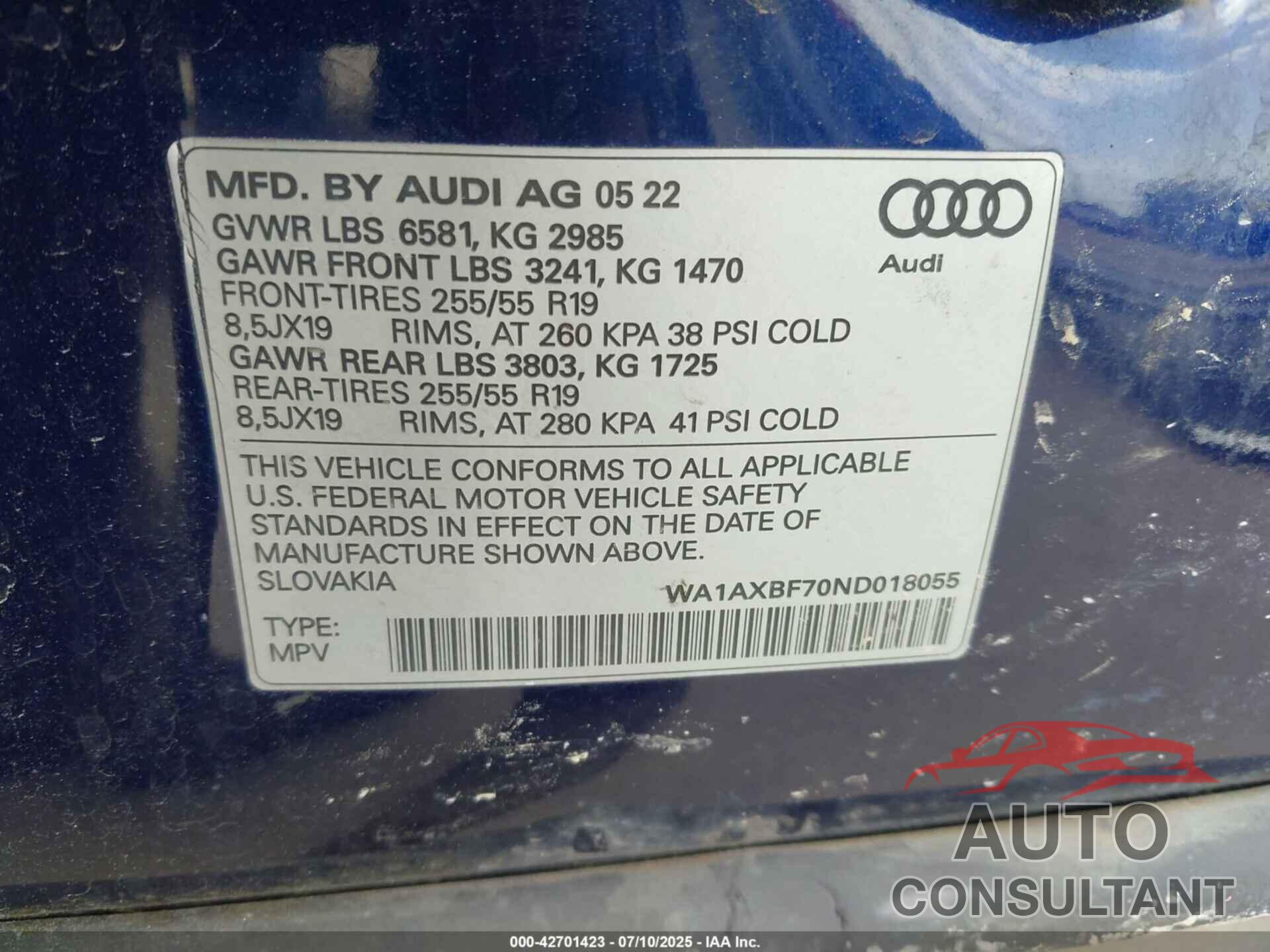 AUDI Q7 2022 - WA1AXBF70ND018055
