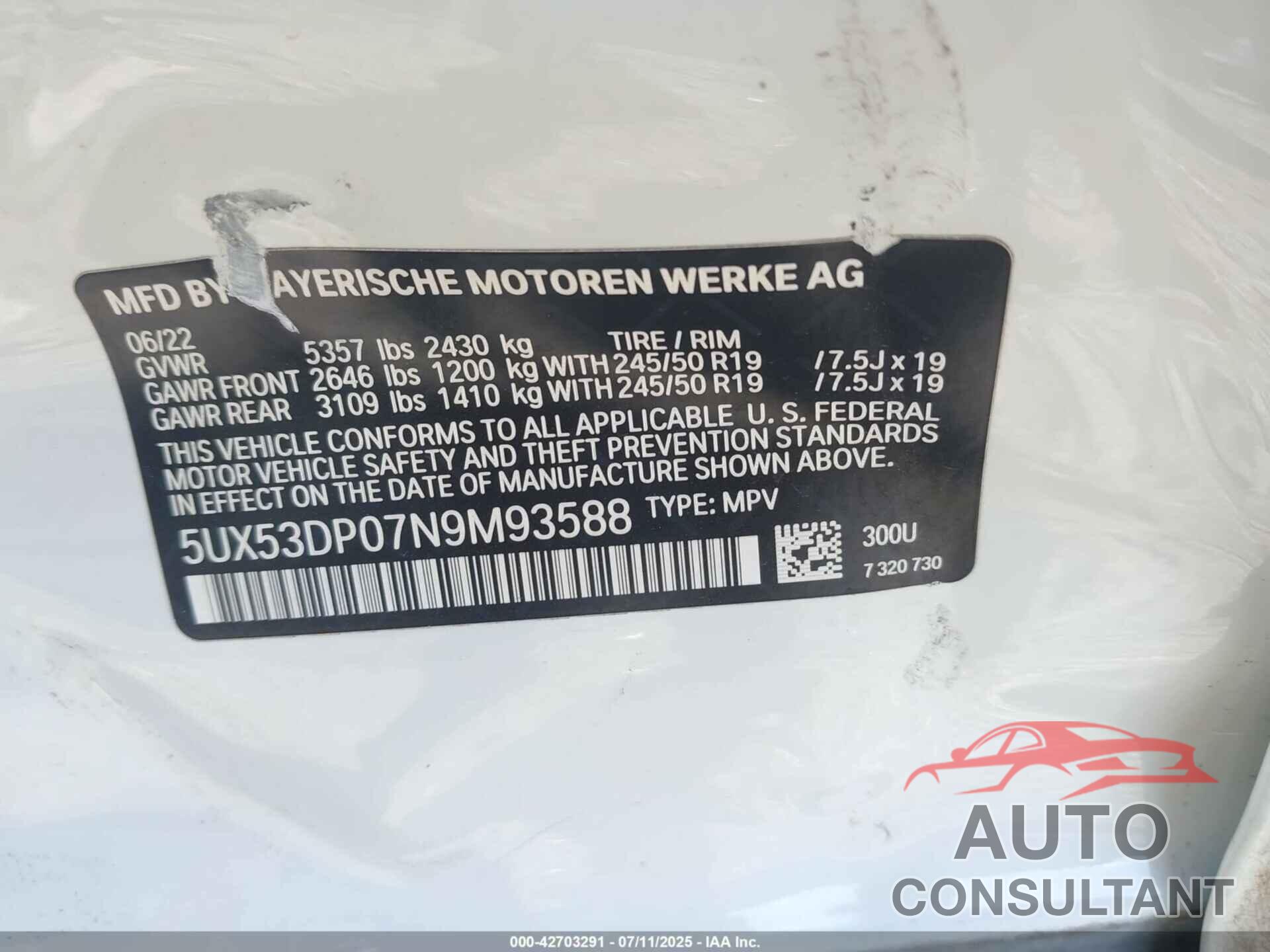 BMW X3 2022 - 5UX53DP07N9M93588