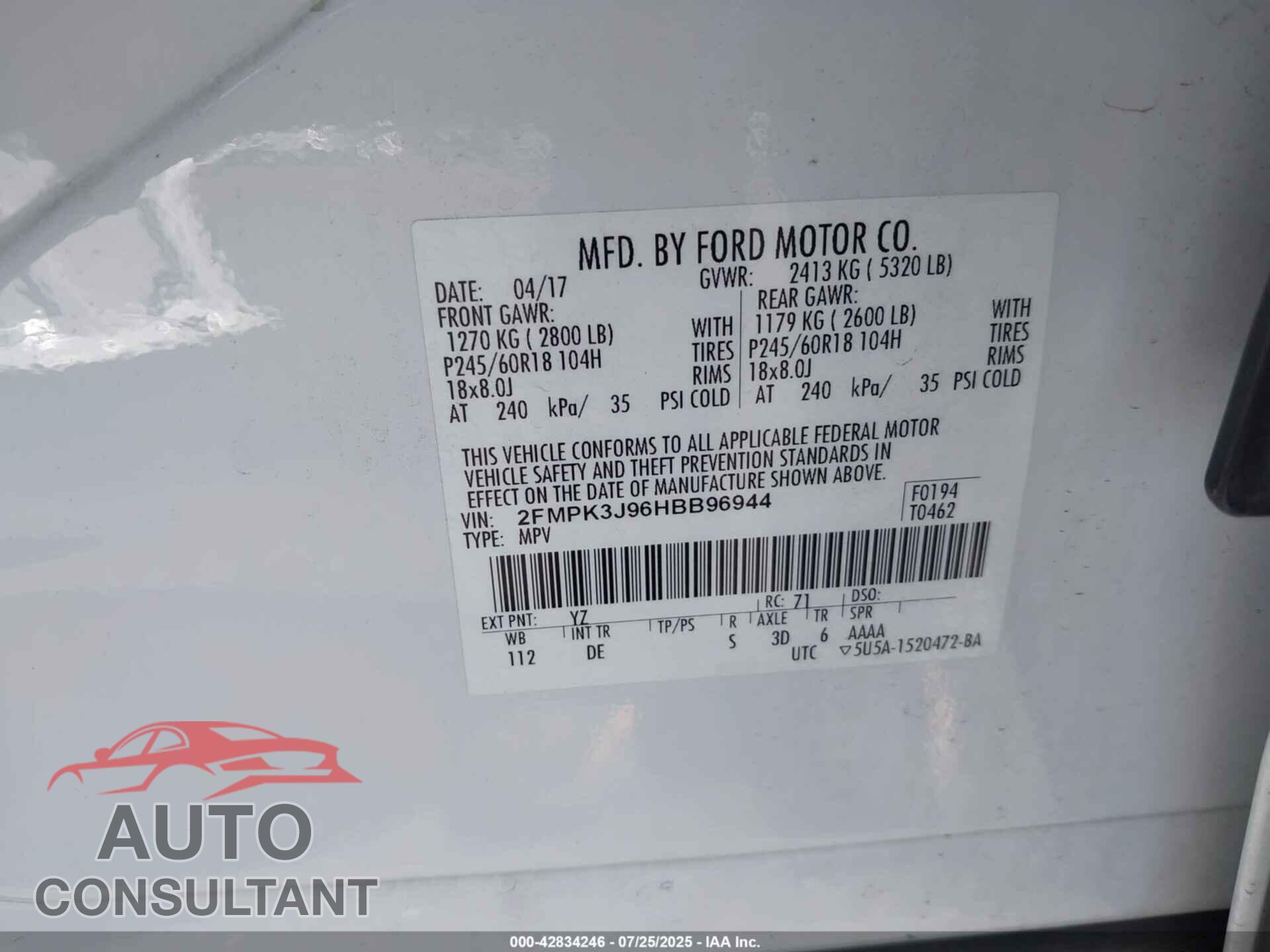 FORD EDGE 2017 - 2FMPK3J96HBB96944